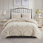 King/Cal King 3 Piece Tufted Cotton Chenille Damask Duvet Cover Set