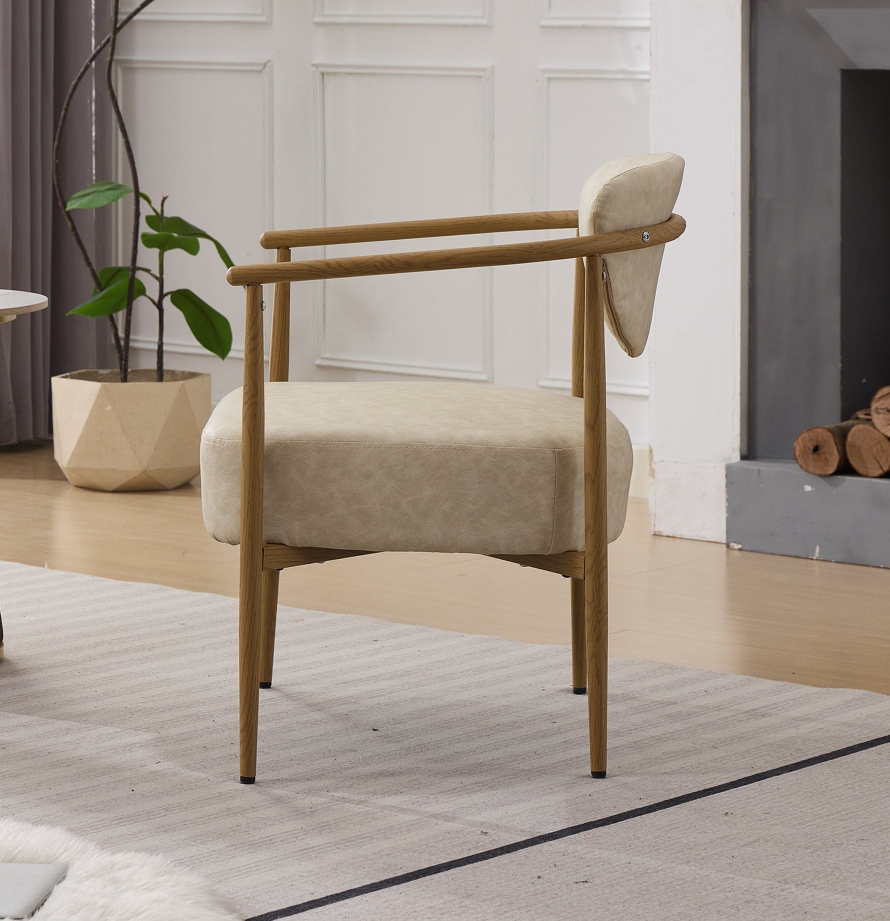 Beige PU Leather Dining Room Chair with Metal Frame