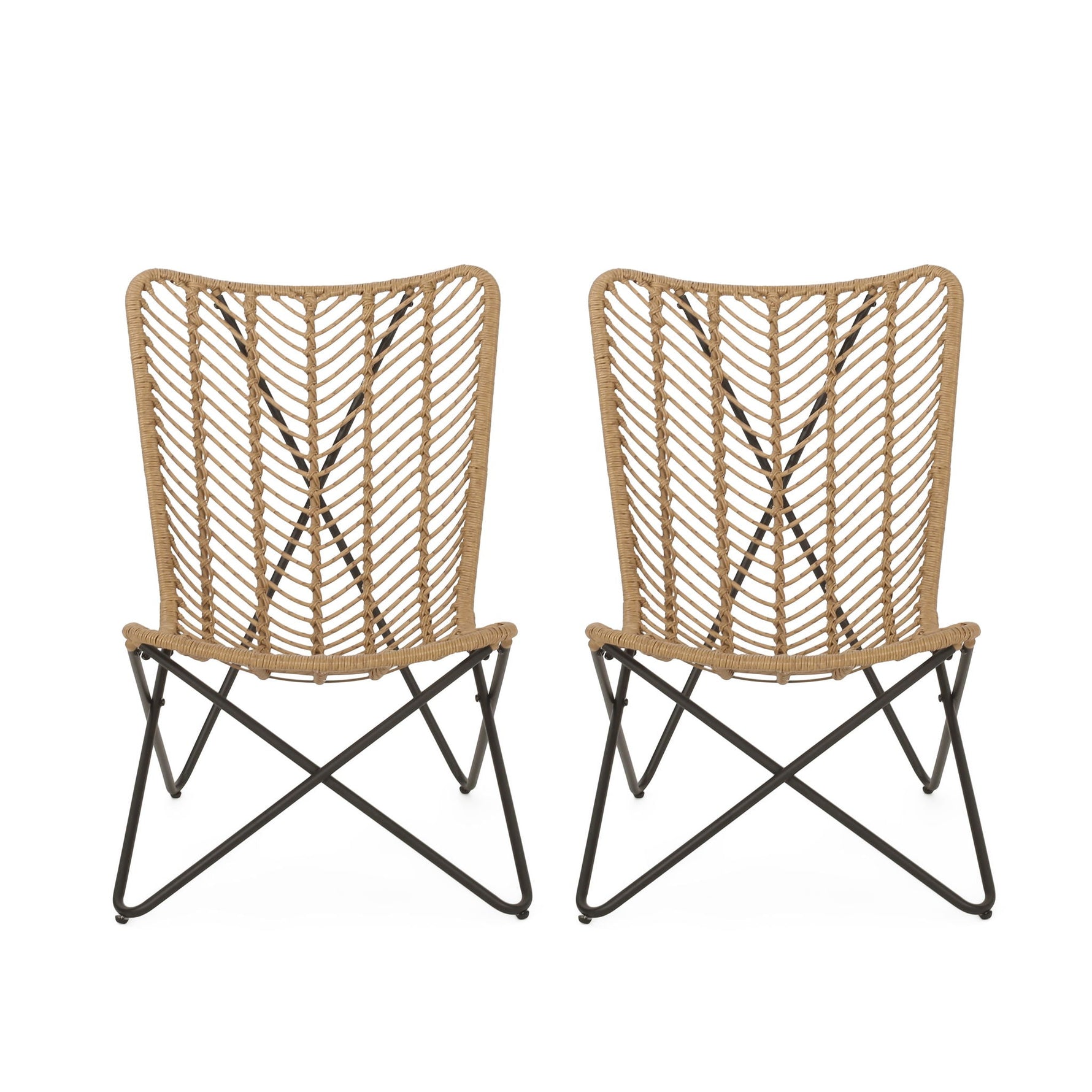 Wicker Chair with Geometric Cross Base (Set of 2) - Light Brown