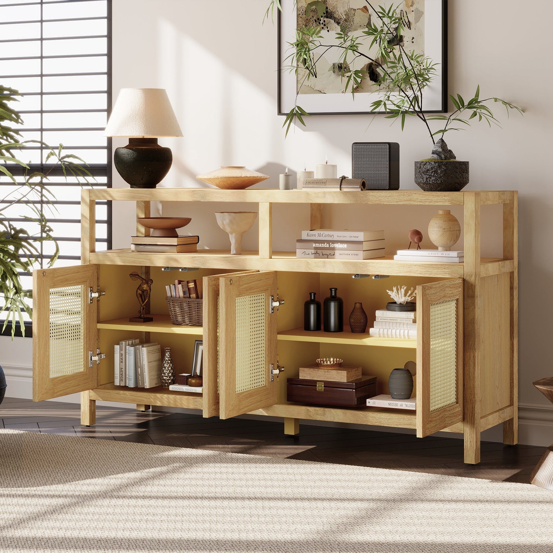 Bohemian Style Rattan Buffet Storage Cabinet with Solid Wood Frame