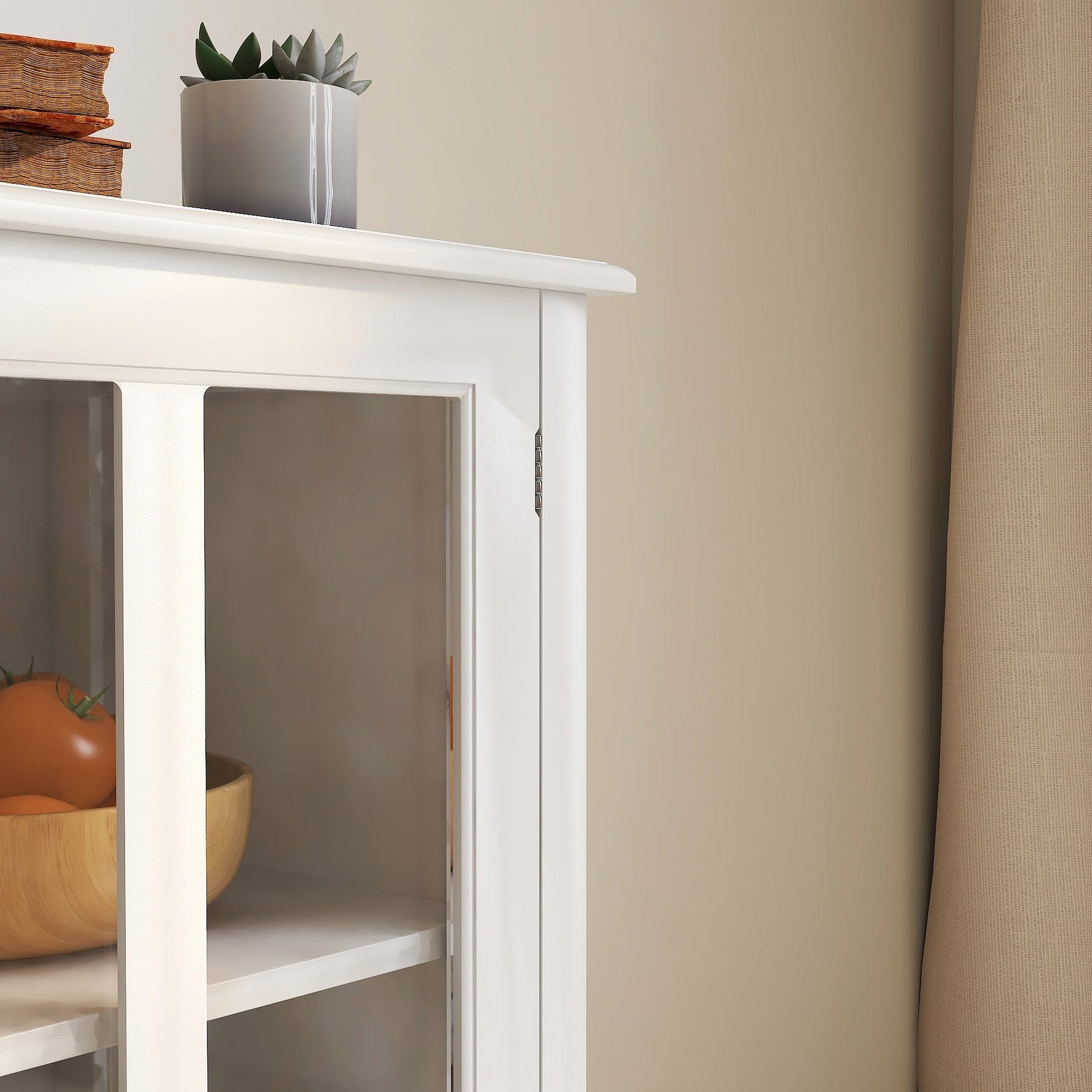 Buffet Storage Cabinet with Double Glass Doors and Unique Bell Handle