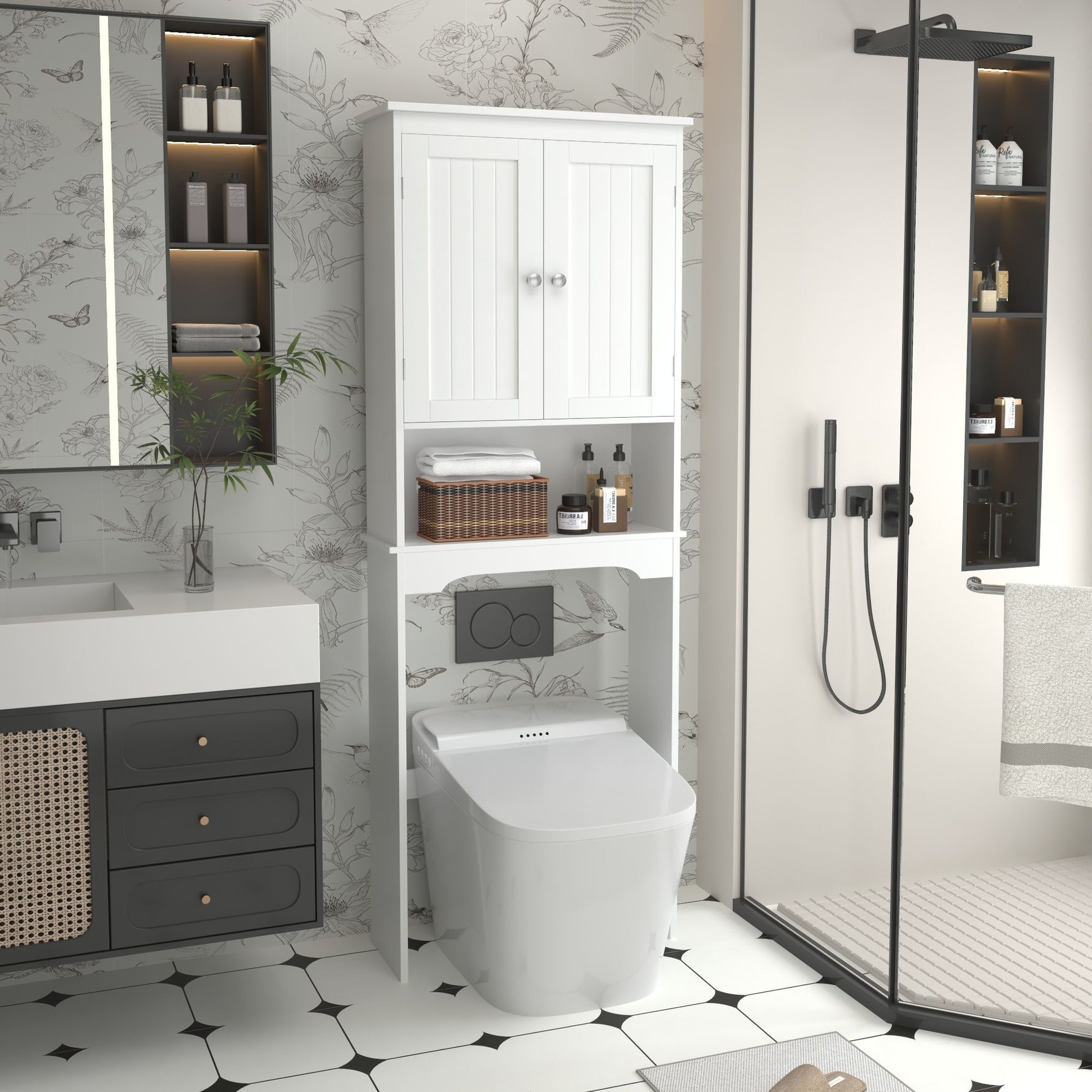 Over The Toilet Storage Cabinet, Bathroom Space Saver With Adjustable Shelf - White