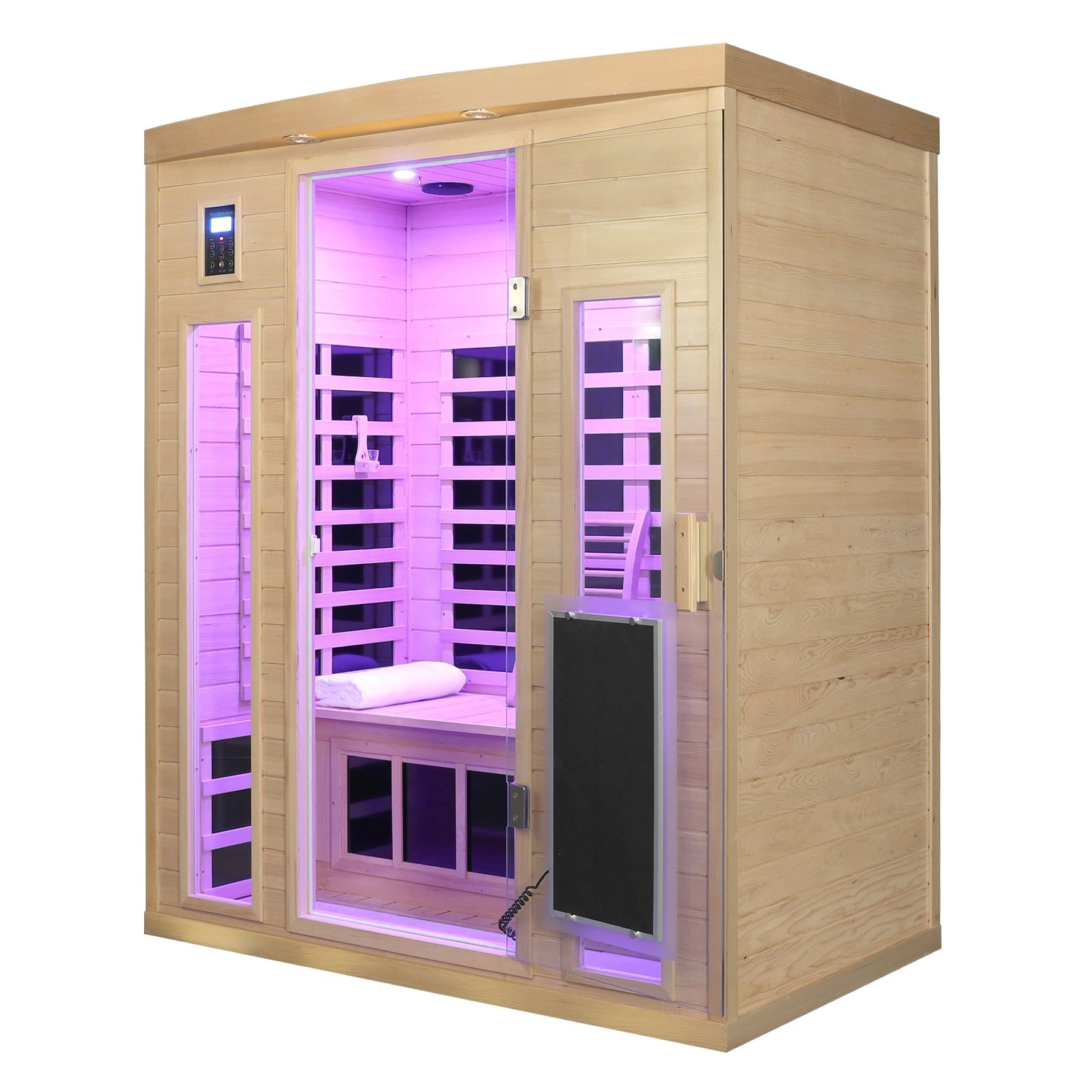 Low EMF, There is also a heating plate on the glass door, Hemlock wood Far-infrared indoor Three person sauna room