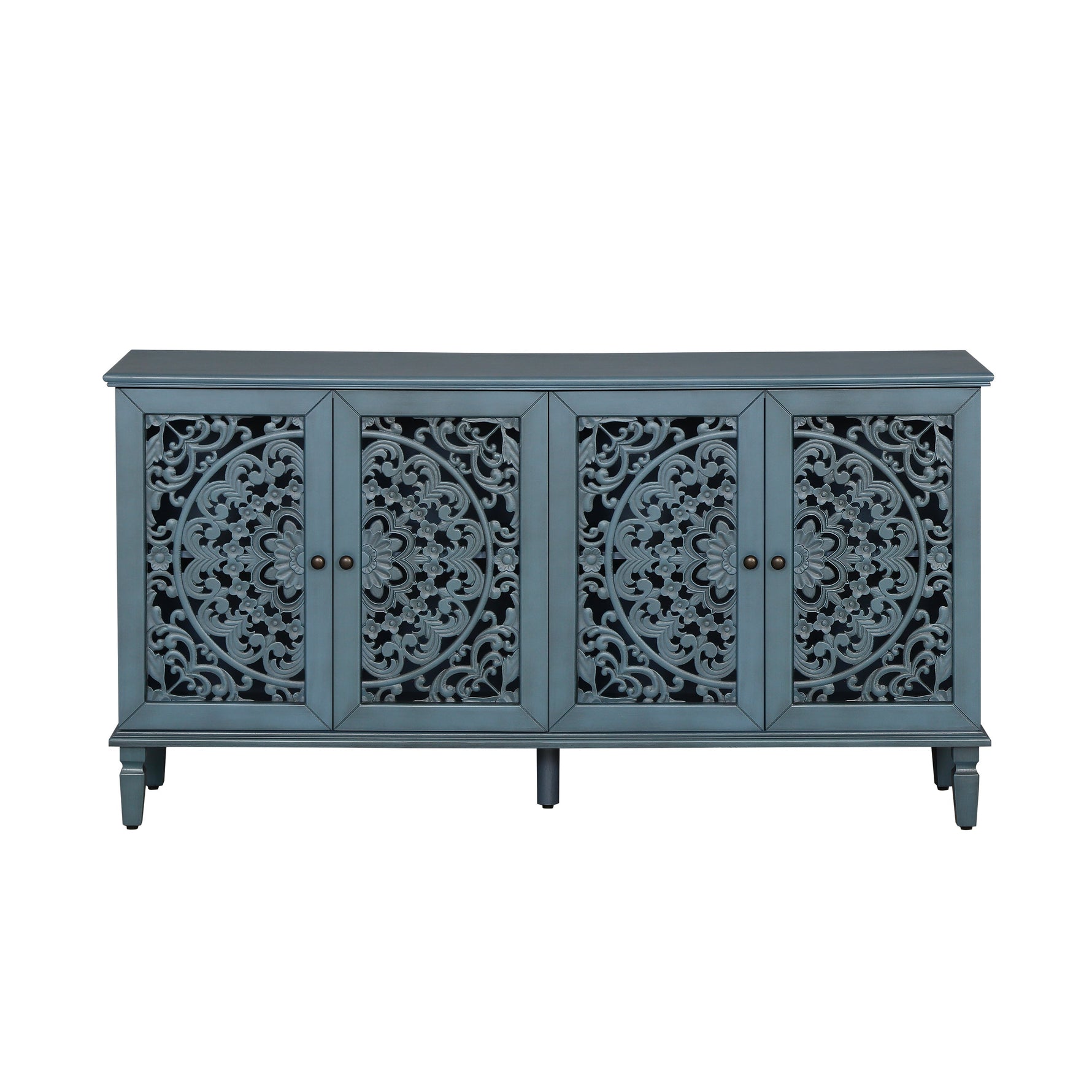 60" Antique Buffet Cabinet with Floral Carvings and Adjustable Shelves