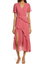 Lulus Next to You Swiss Dot Midi Dress in Rusty Rose, Size Xx-Small