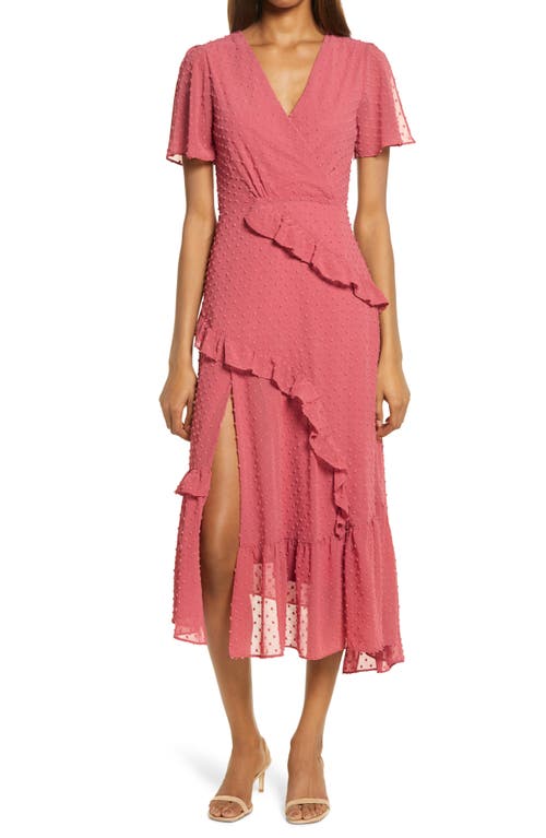 Lulus Next to You Swiss Dot Midi Dress in Rusty Rose, Size Xx-Small
