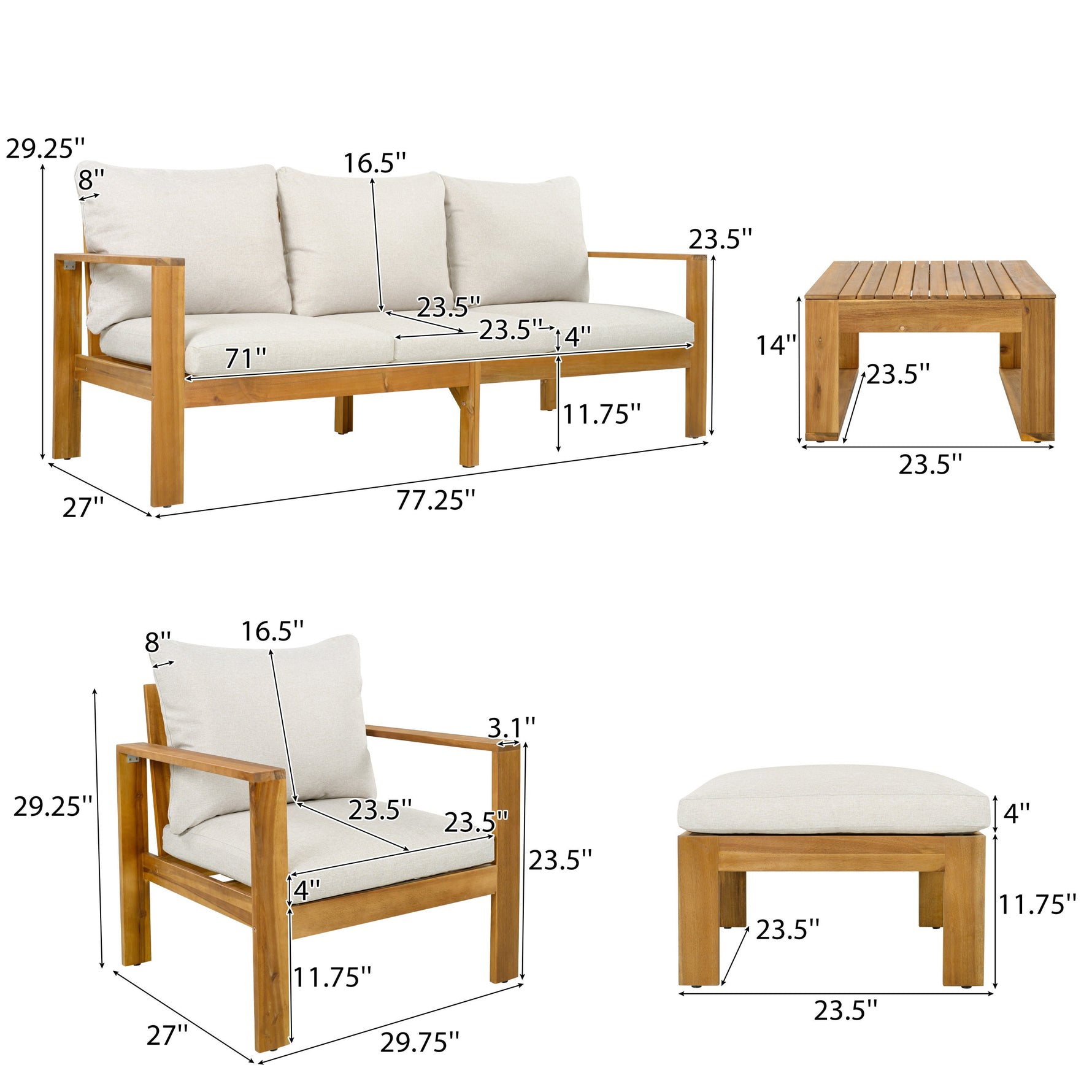 Outdoor 4pcs Acacia Sectional Patio Sofa Set