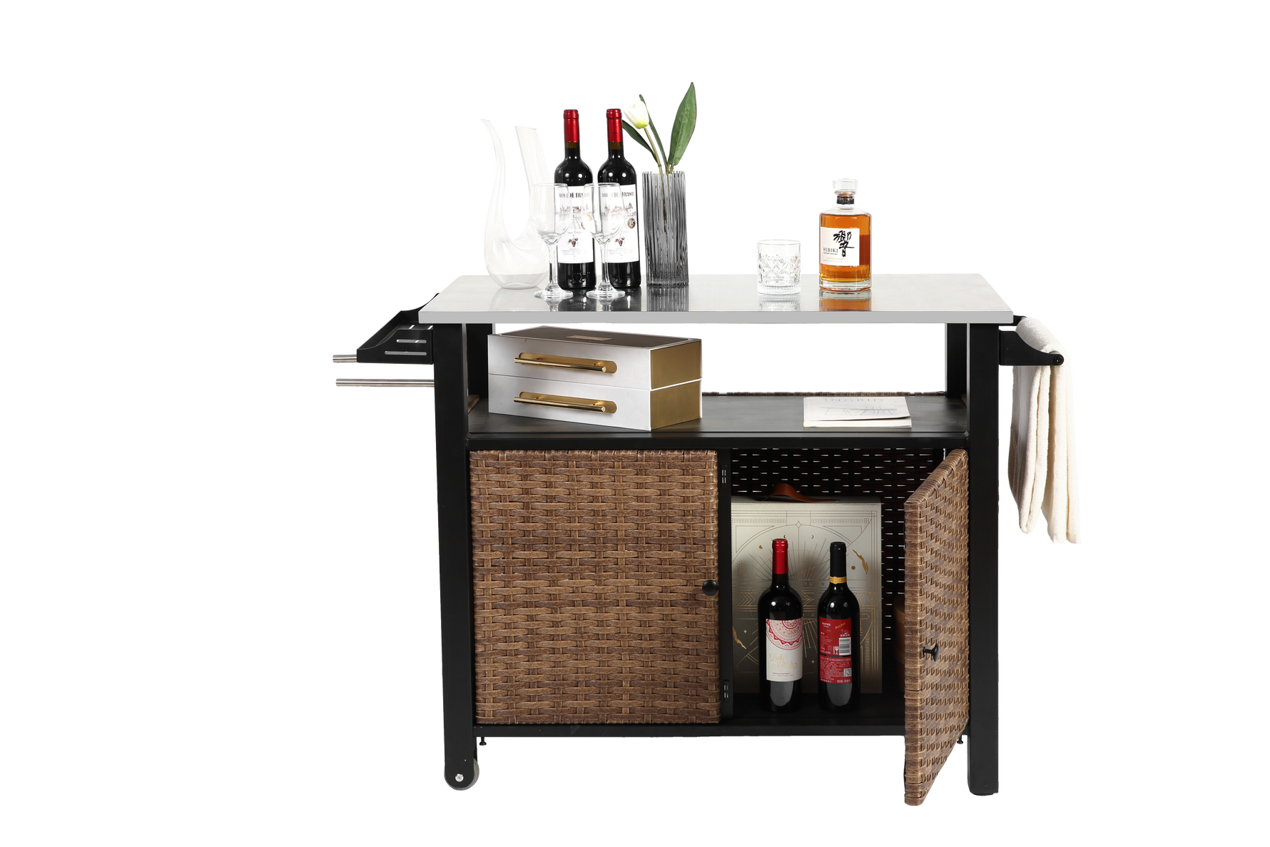Outdoor Kitchen Wicker Island Rolling Cart & Storage Cabinet Brown