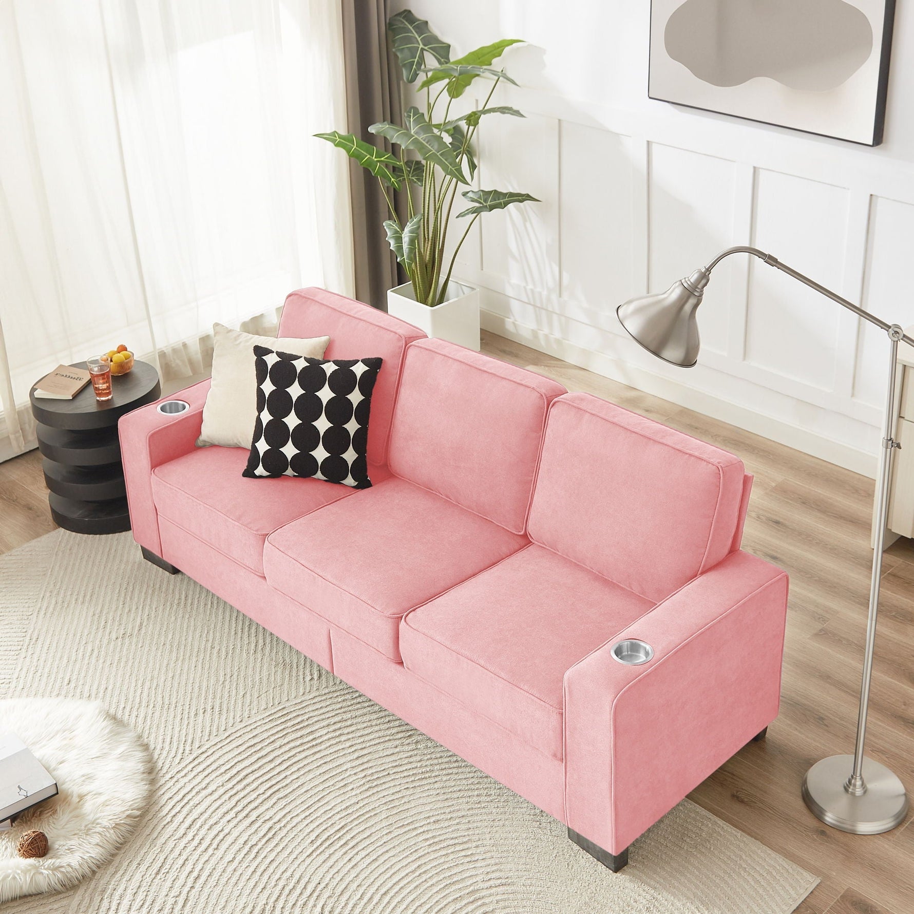 Modern Snowfleece Fabric 3 Seater Sofa With Cup Holder
