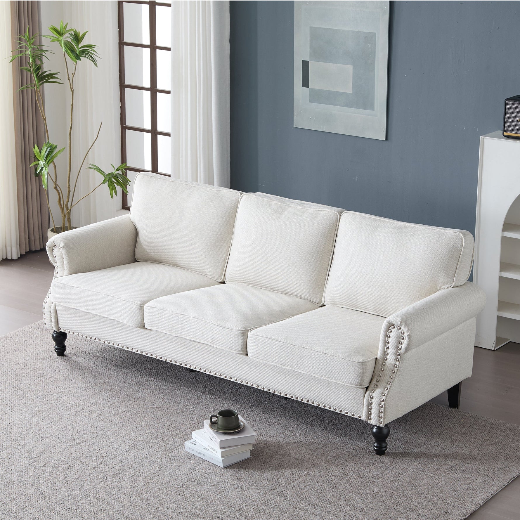 83 Inch Faux Leather Rolled Arm Sofa with Nailhead Trim