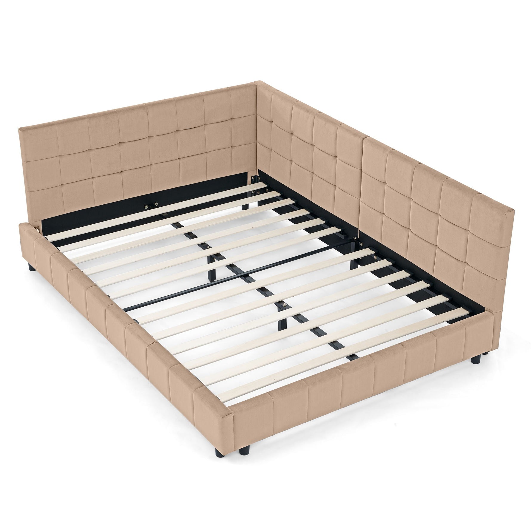 Mid-Century Storage Upholstered Tufted Bed Frame with Backrest and Armrests