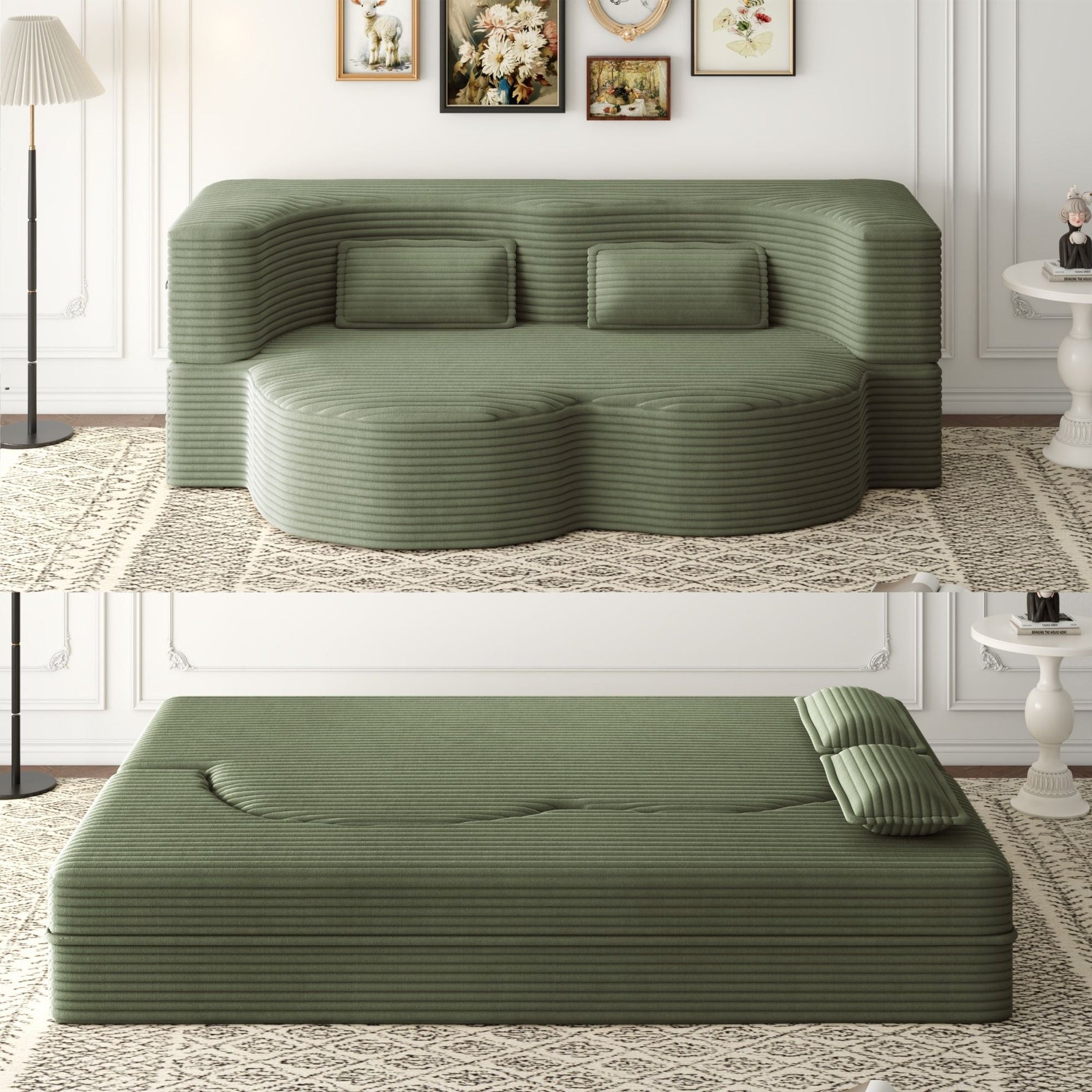 Convertible Foam-Filled Sleeper Sofa Bed with 2 Pillows