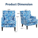 Upholstered Accent Chair with Blue and White Porcelain Print Linen Fabric