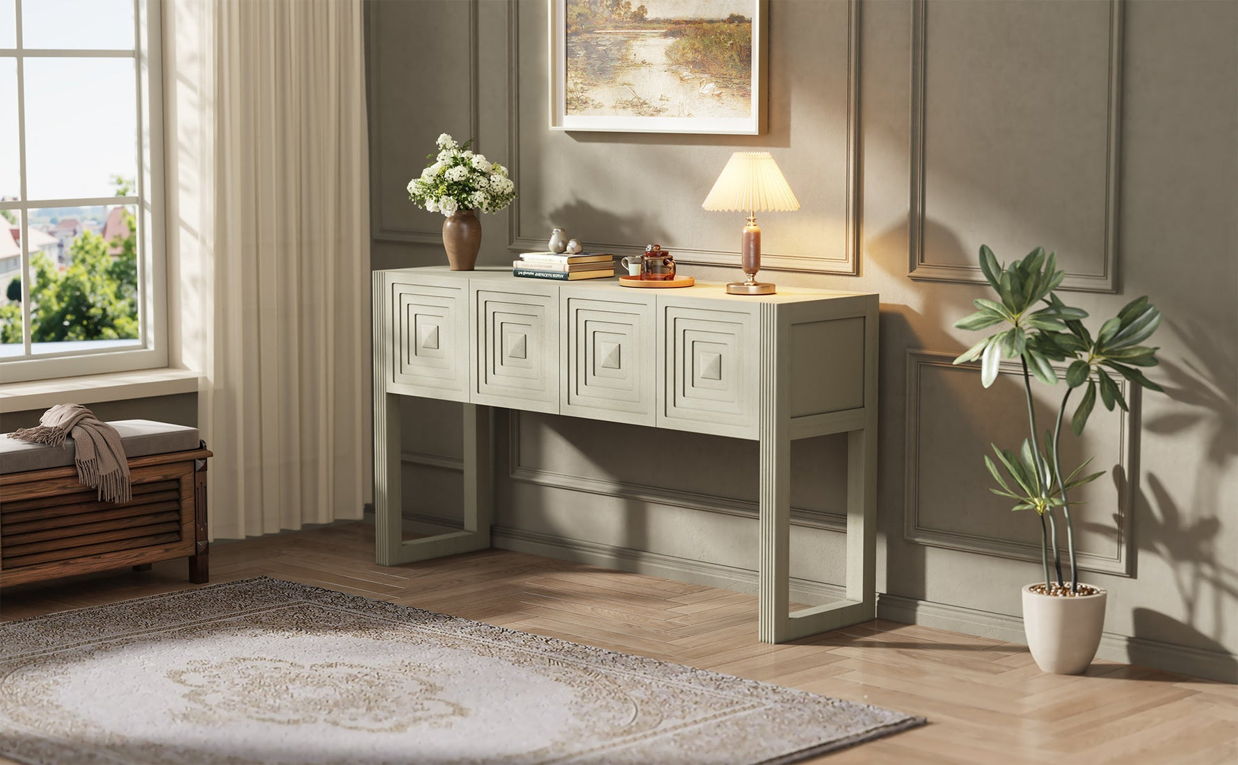 Geometric Carved Console Table with 3 Soft-Close Drawers