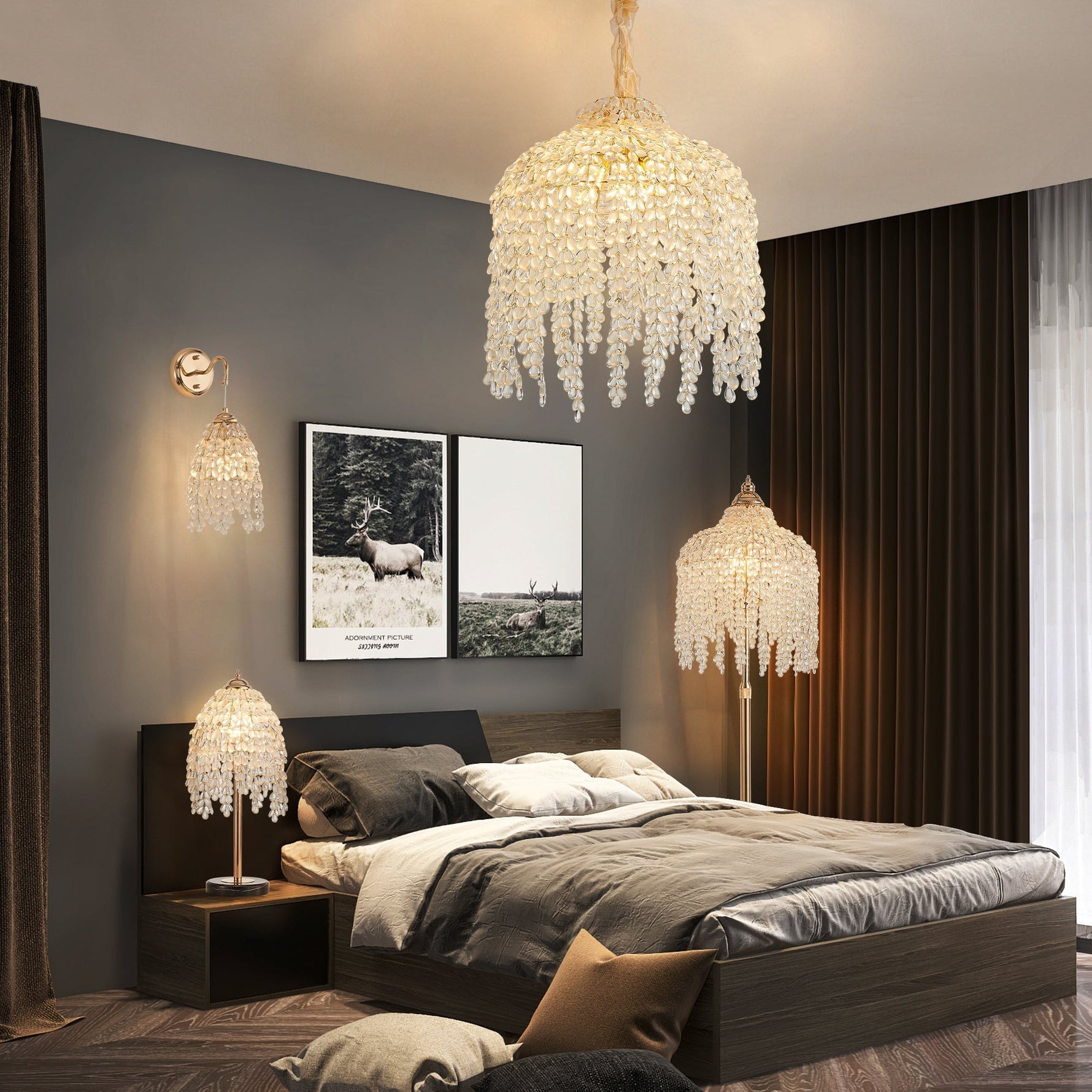 Set of 2 Gold Frame Crystal Grape-Shaped Bead Wall Sconces