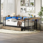 Corner Bed Frame Twin Size With Bookcase And 2 Underbed Storage Drawers, Modern Twin Bed With LED Light And Charging Station, Modern Daybed Reversible Left Or Right - Gray