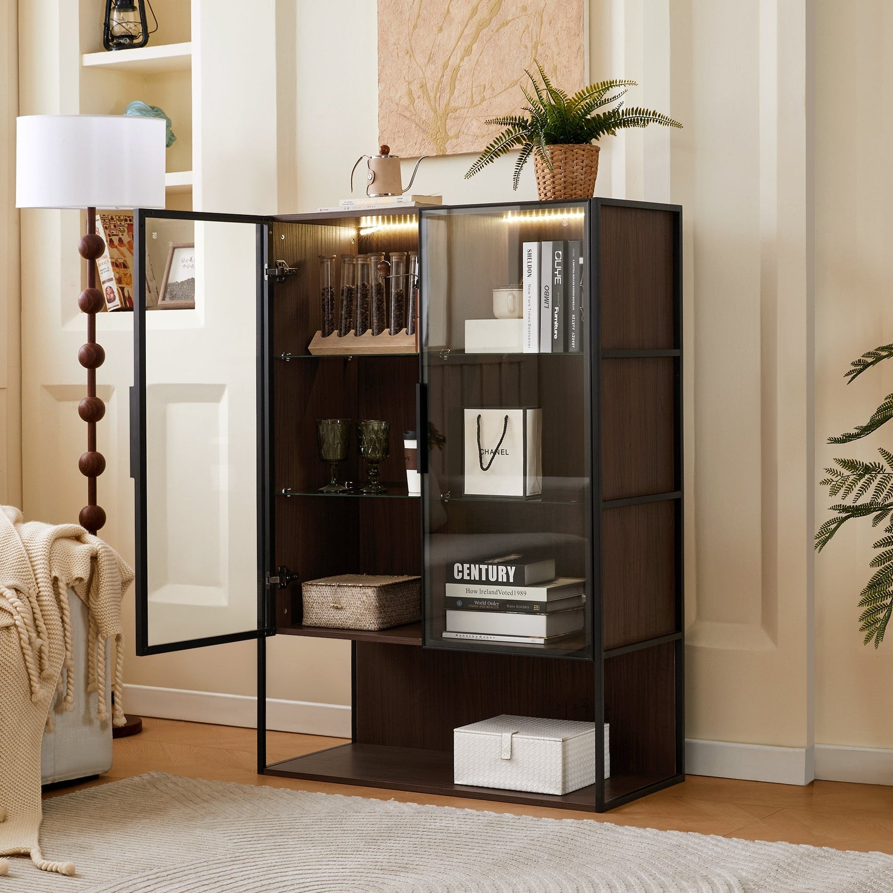 Modern Minimalist 51.2" Tall Lighted Display Cabinet with Tempered Glass