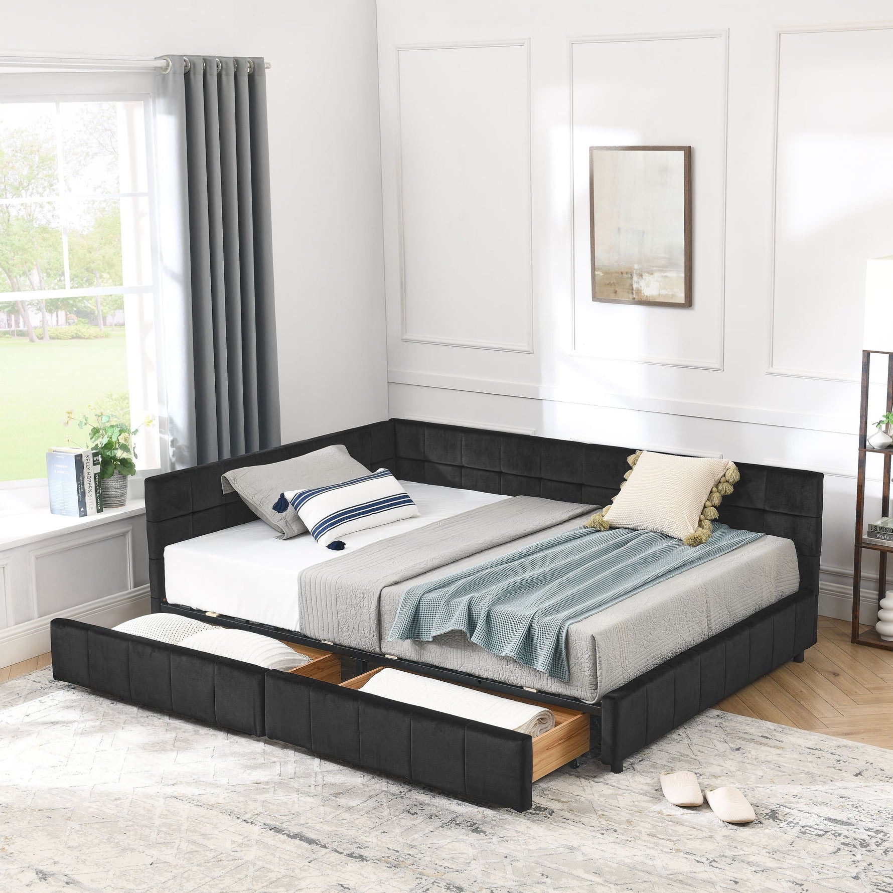 Mid-Century Storage Upholstered Tufted Bed Frame with Backrest and Armrests