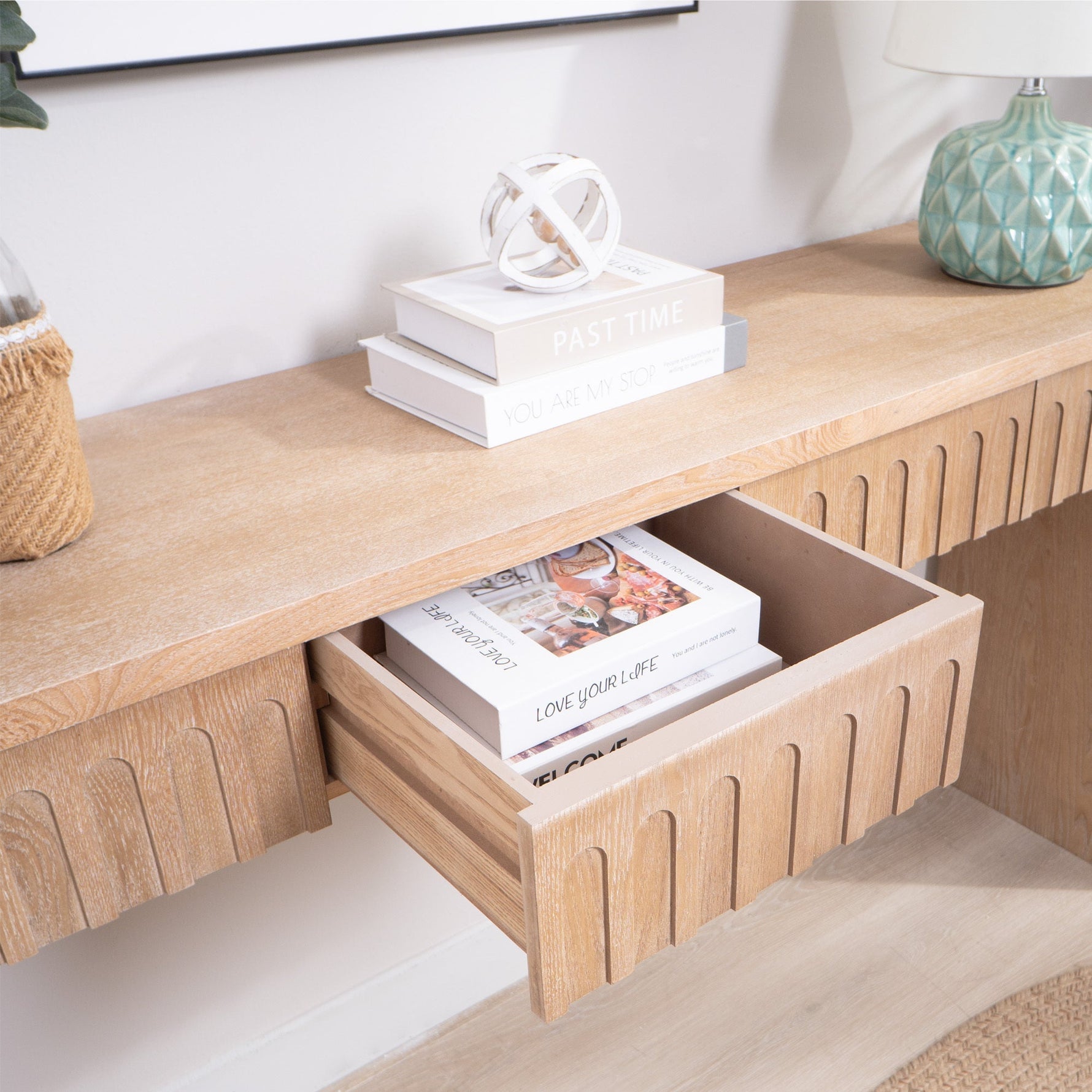 Modern Console Table with 4 Drawers – 59.2" Entryway Table in Natural Wood Finish