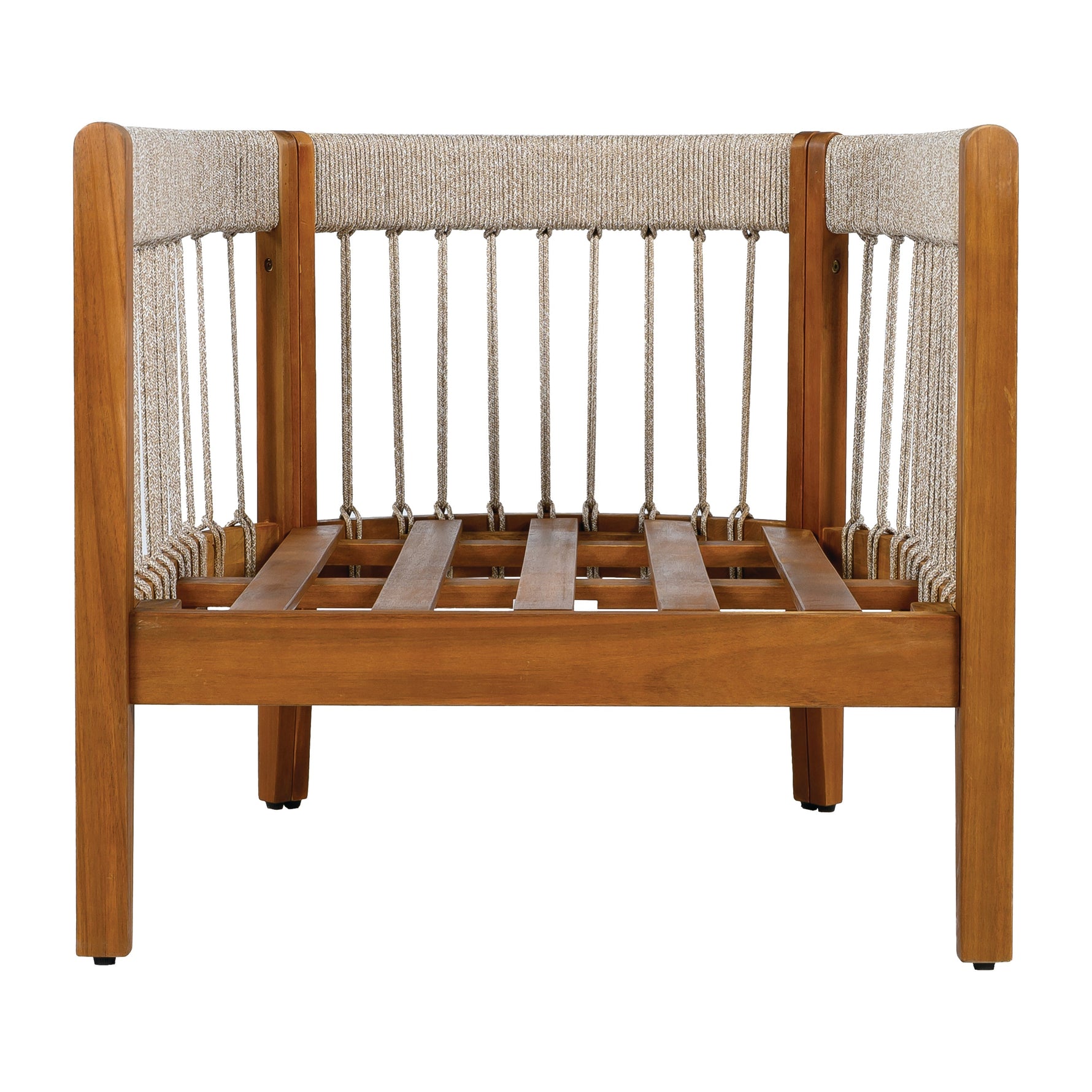 Acacia Wood Outdoor Club Chair with Handwoven Rope Accents & Curved Backrest
