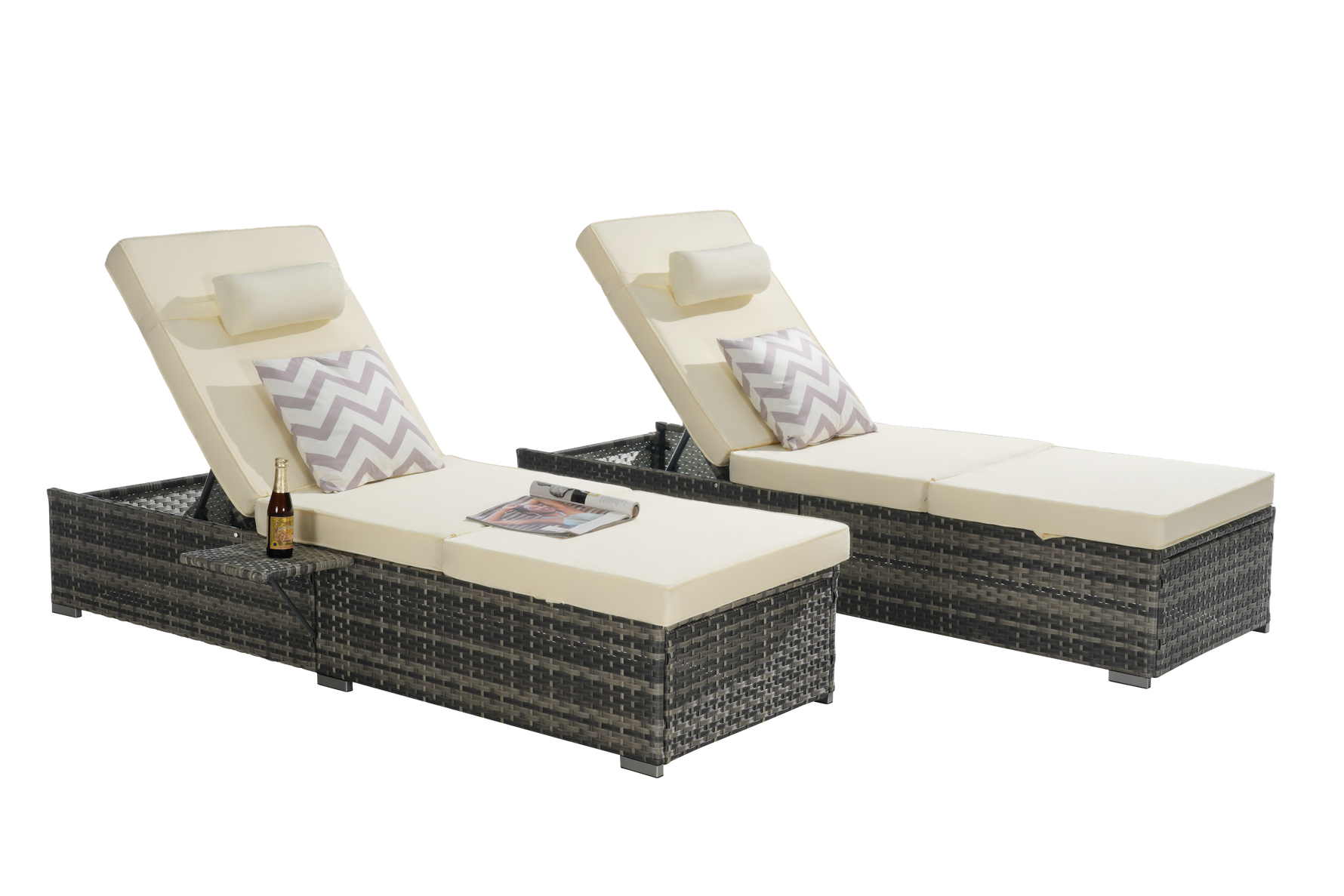 Outdoor Chaise Lounge Chair Set of 2 with Storage and Cushions