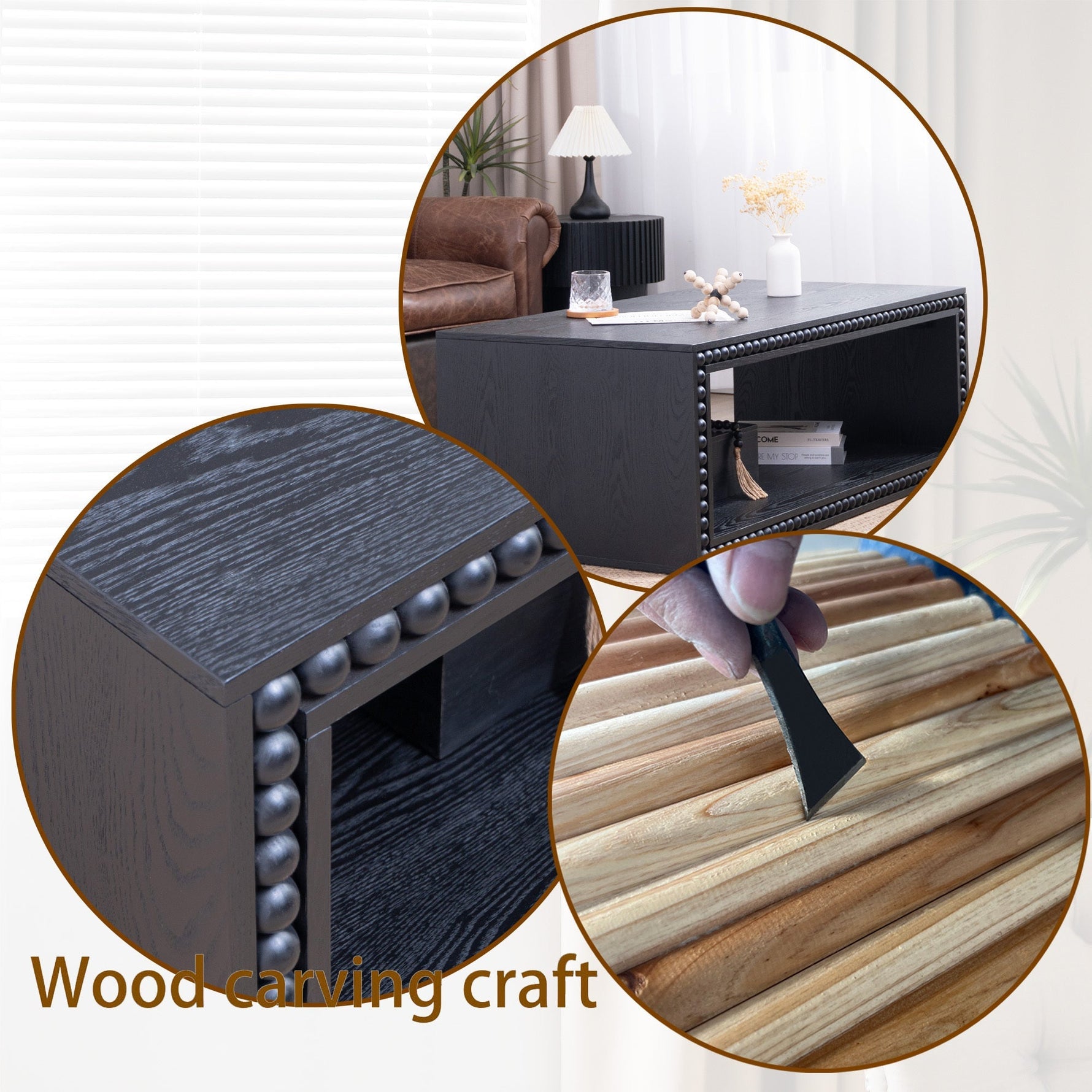 Black Beaded Edge Coffee Table – 47.6' Rectangular Center Table with Open Storage Shelf
