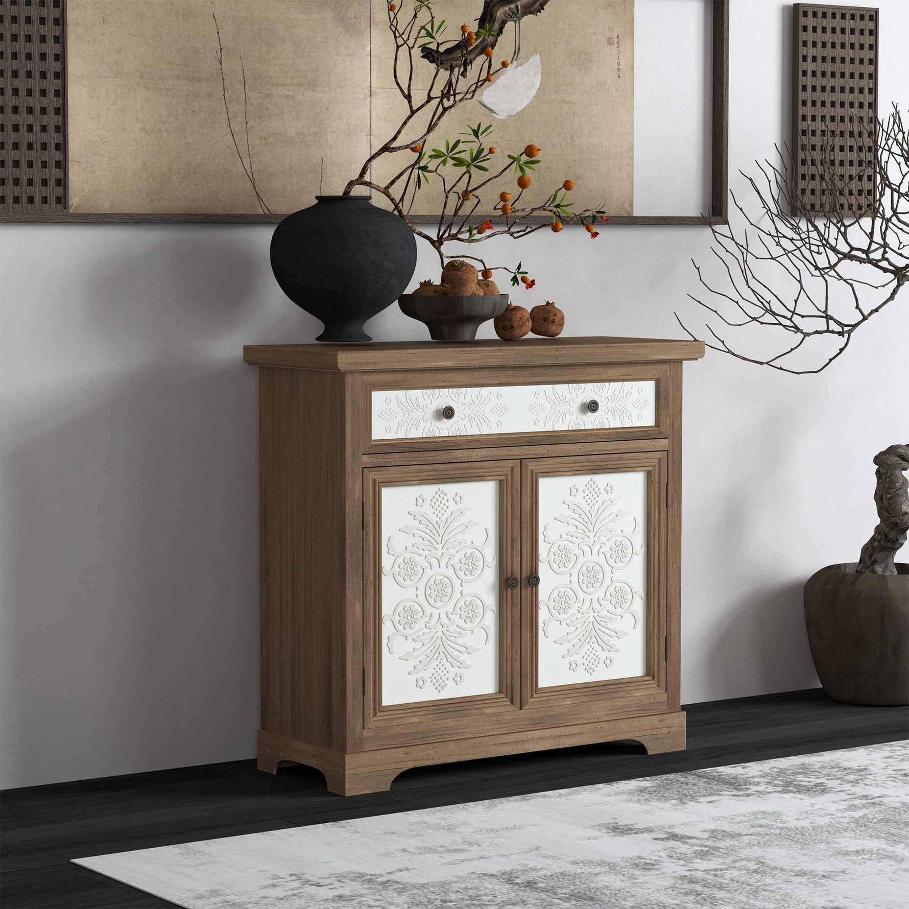 Rustic Vintage Accent Cabinet with Carved Floral Panels