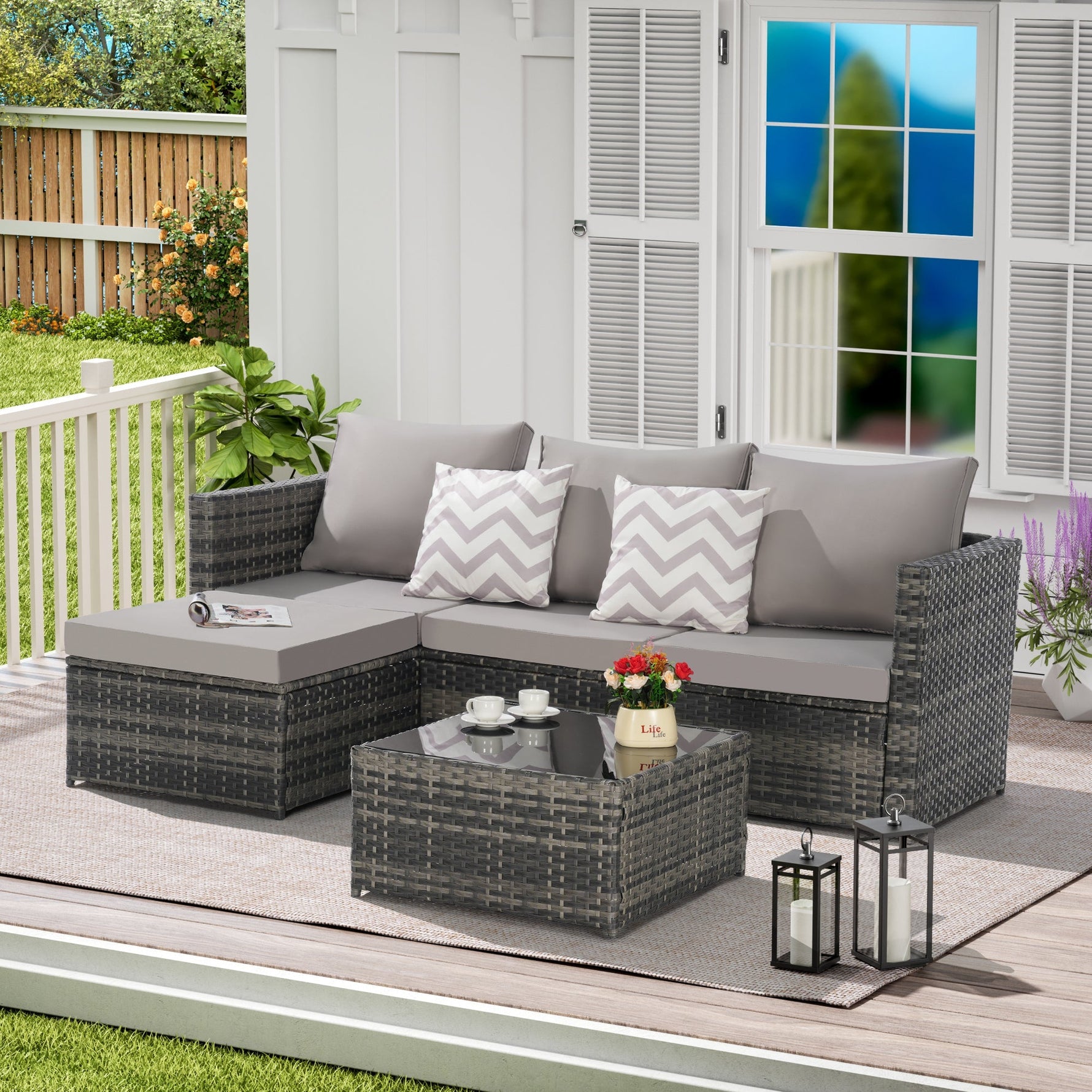 2 Pieces Patio Furniture Set with Woven Sectional and Ottoman