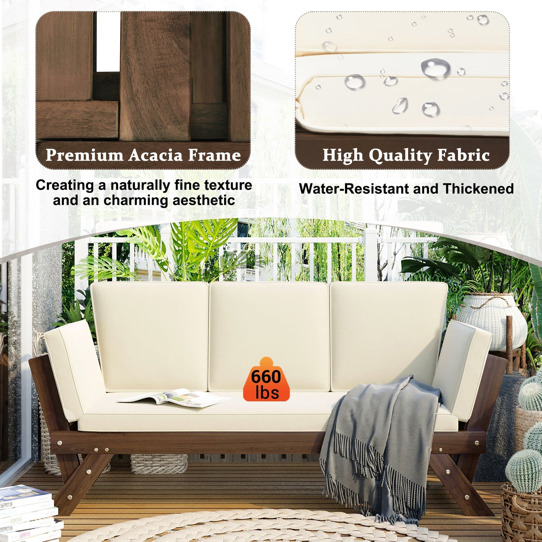 TOPMAX Outdoor Adjustable Patio Wooden Daybed Sofa Chaise Lounge