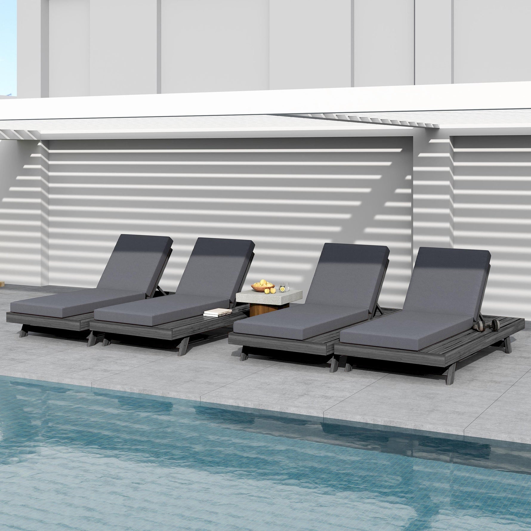 Lounge Chaise Set in Black Acacia Wood with Water-Resistant Cushions