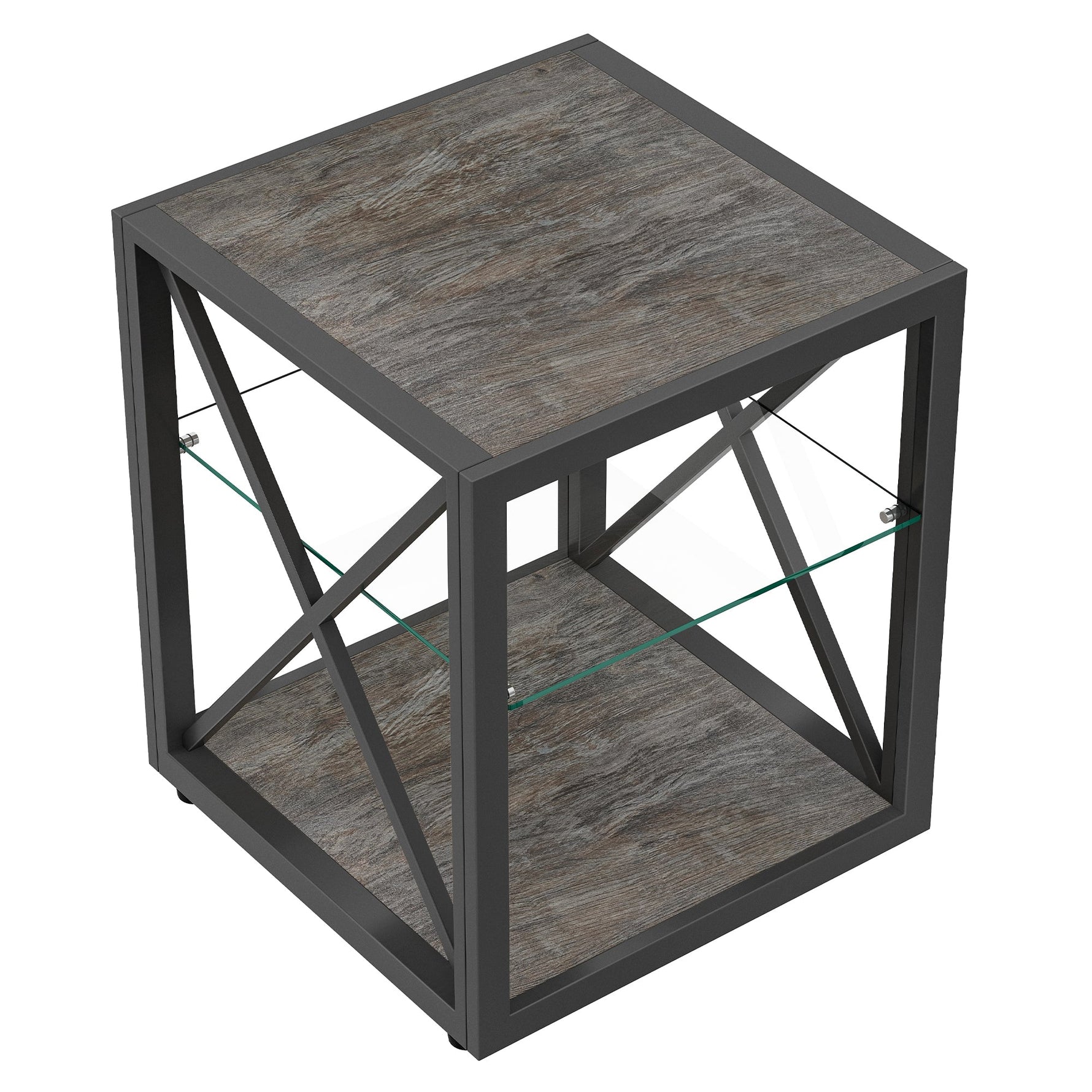 Modern End Table Nightstand with Tempered Glass & Wood Grain MDF