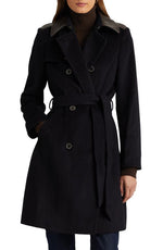 Lauren Ralph Lauren Tie Waist Faux Leather Trim Wool Blend Coat in Regal Navy , Size 6