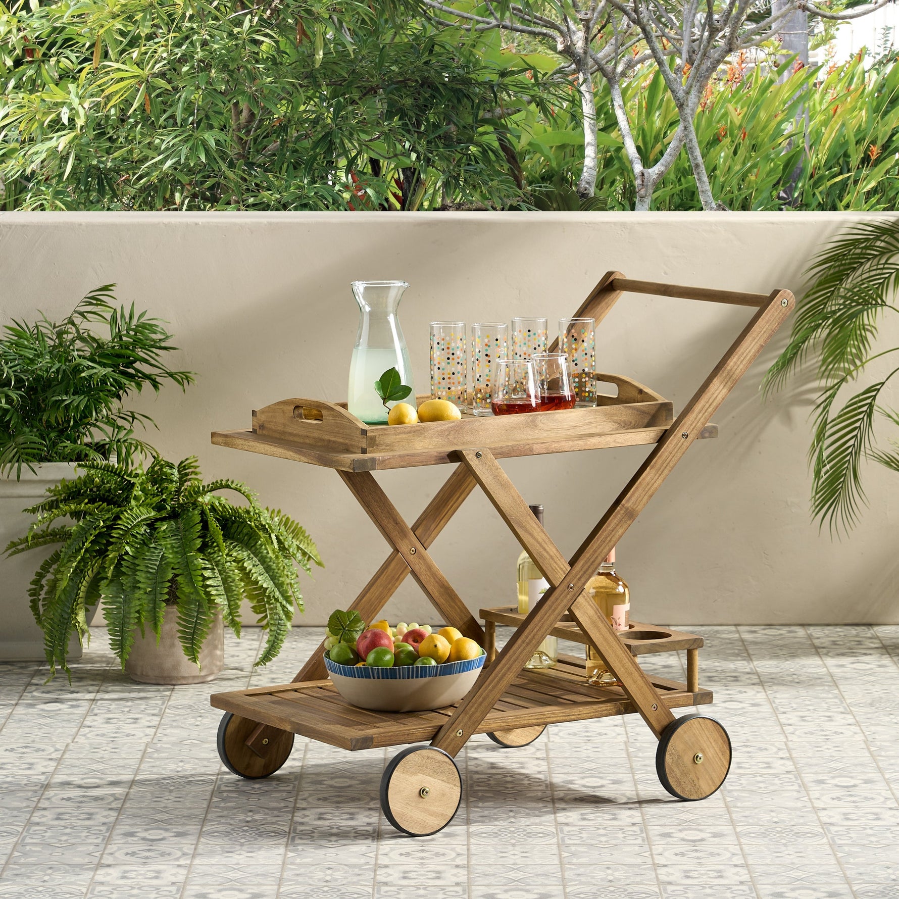 Riviera Bar Cart Natural Stained Acacia Wood Mobile Bar Cart