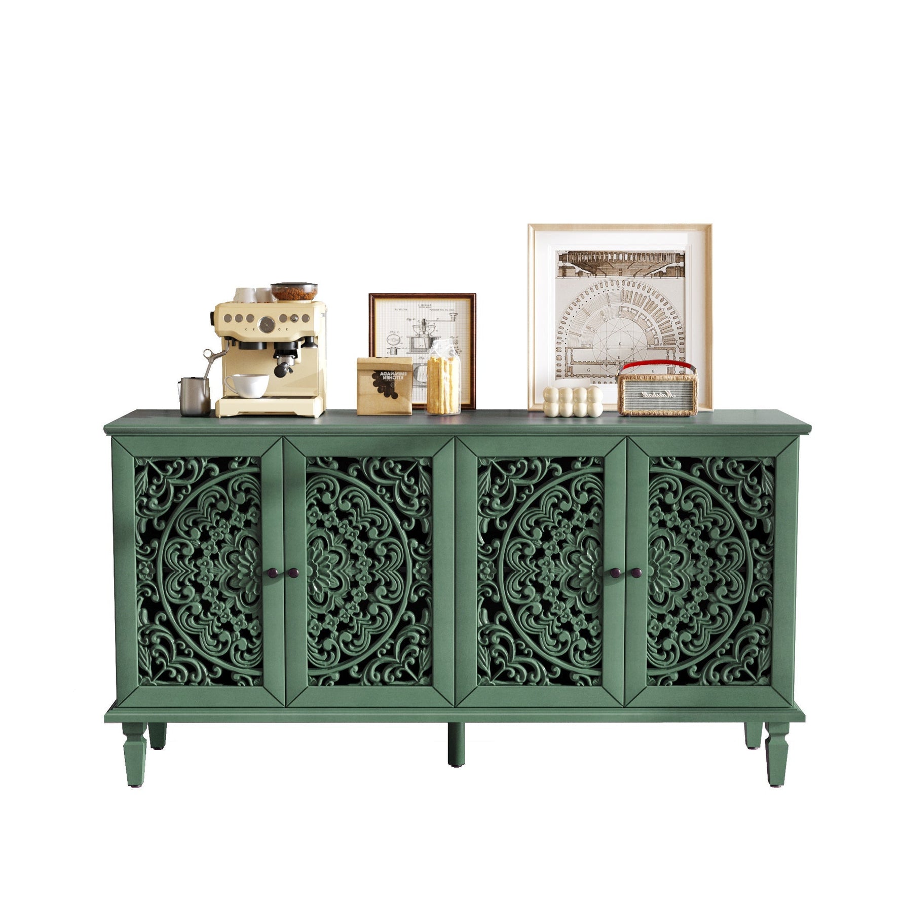 60' Antique Buffet Cabinet with Floral Carvings