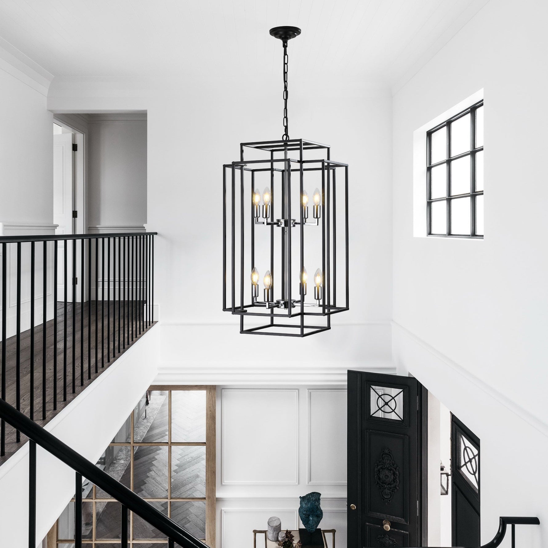 18' Modern 8-Light Black & Chrome Geometric Pendant Chandelier