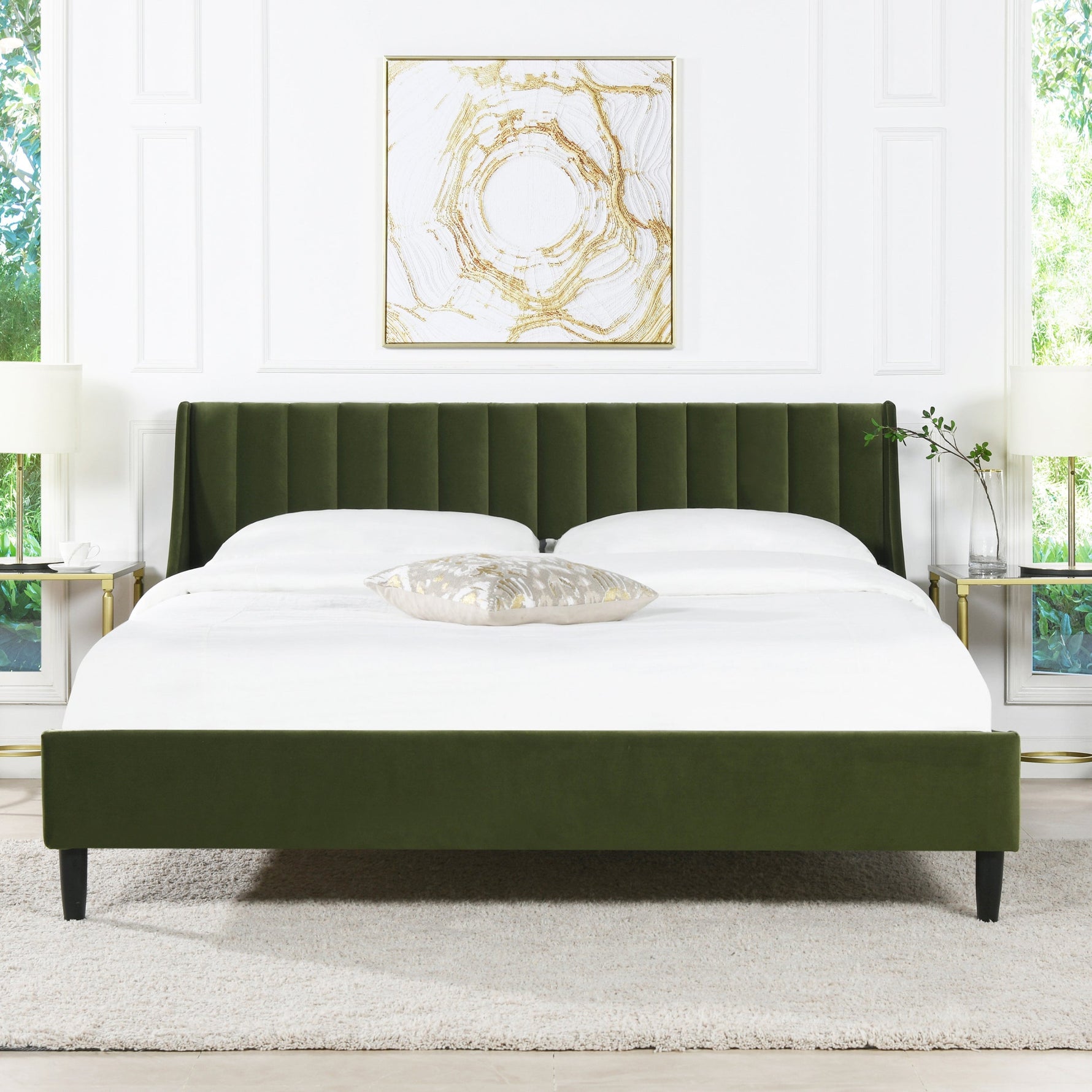 Aspen Vertical Tufted Headboard Platform Bed Set, King, Olive Green Performance Velvet
