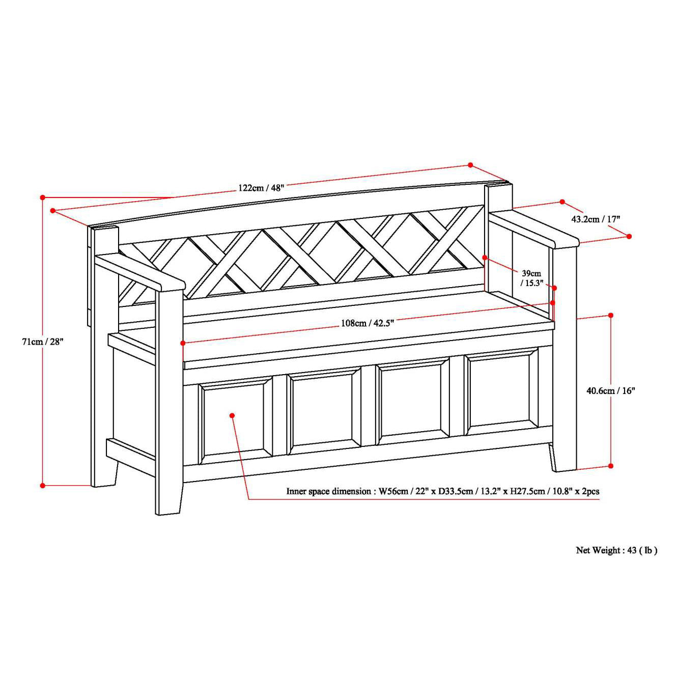 Amherst Solid Wood Entryway Storage Bench in Farmhouse Brown