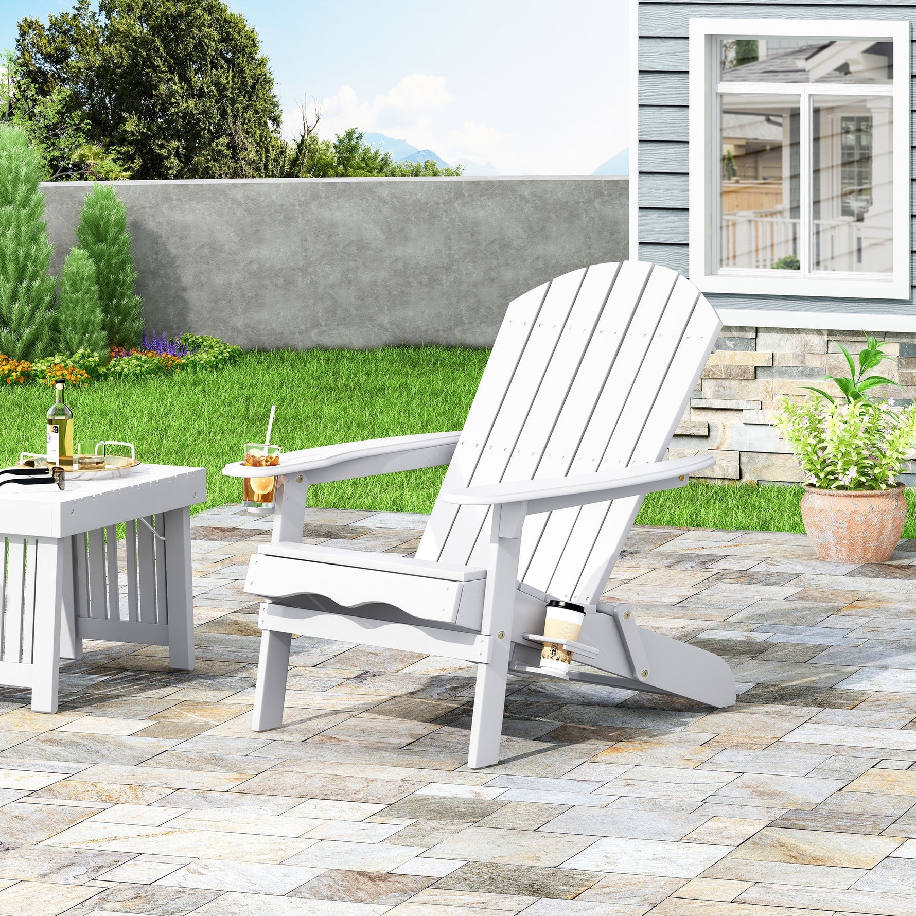 Zenithia Outdoor Foldable Adirondack Chair with 2 Cup Holders, White
