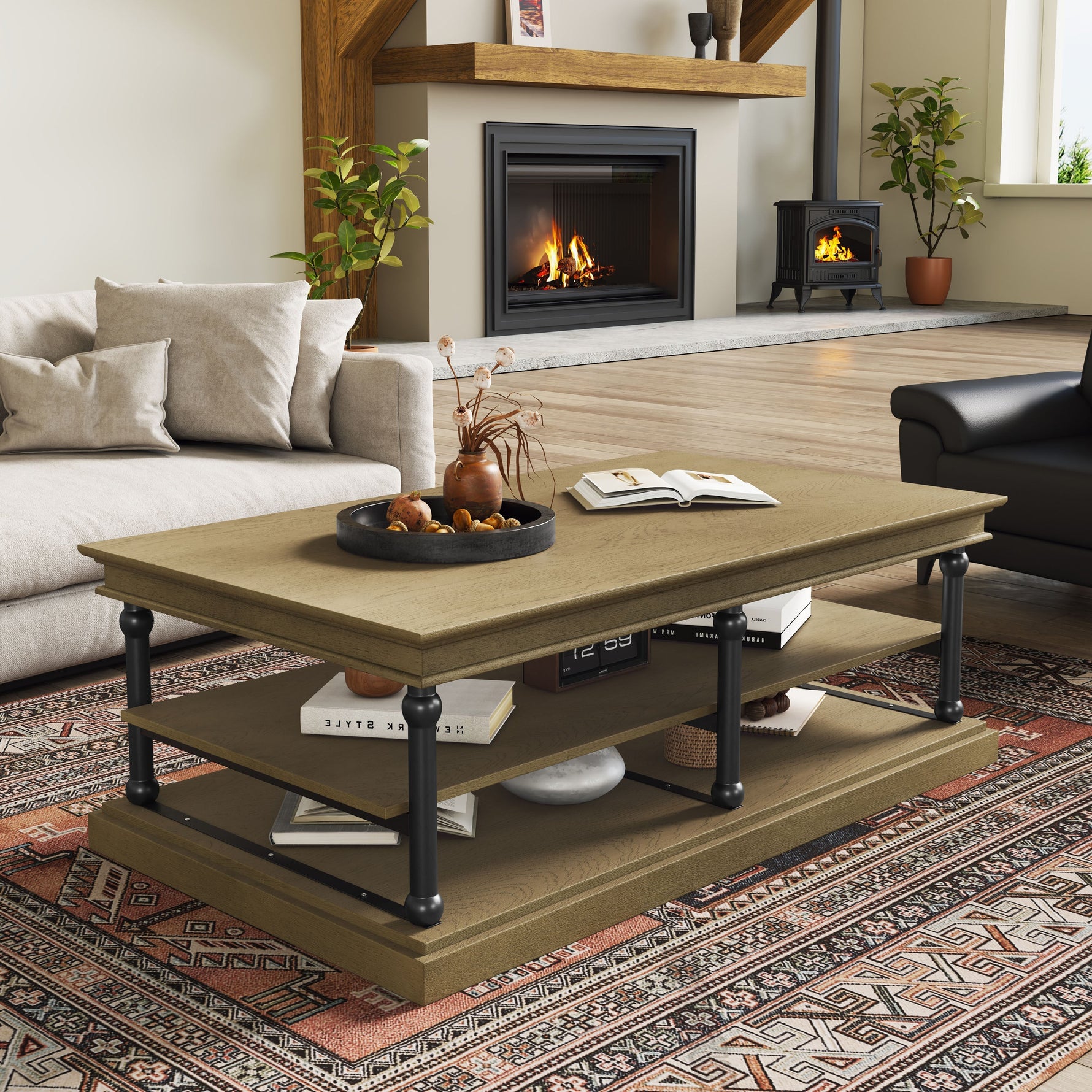 55.1' Wood Coffee Table with Black Legs and Open Storage Shelves