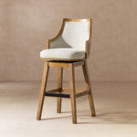 Bahama 30' Cane Rattan High-Back Swivel Bar Stool with Recessed Arms, Two-Tone Neutral Gray Polyester Wool Blend