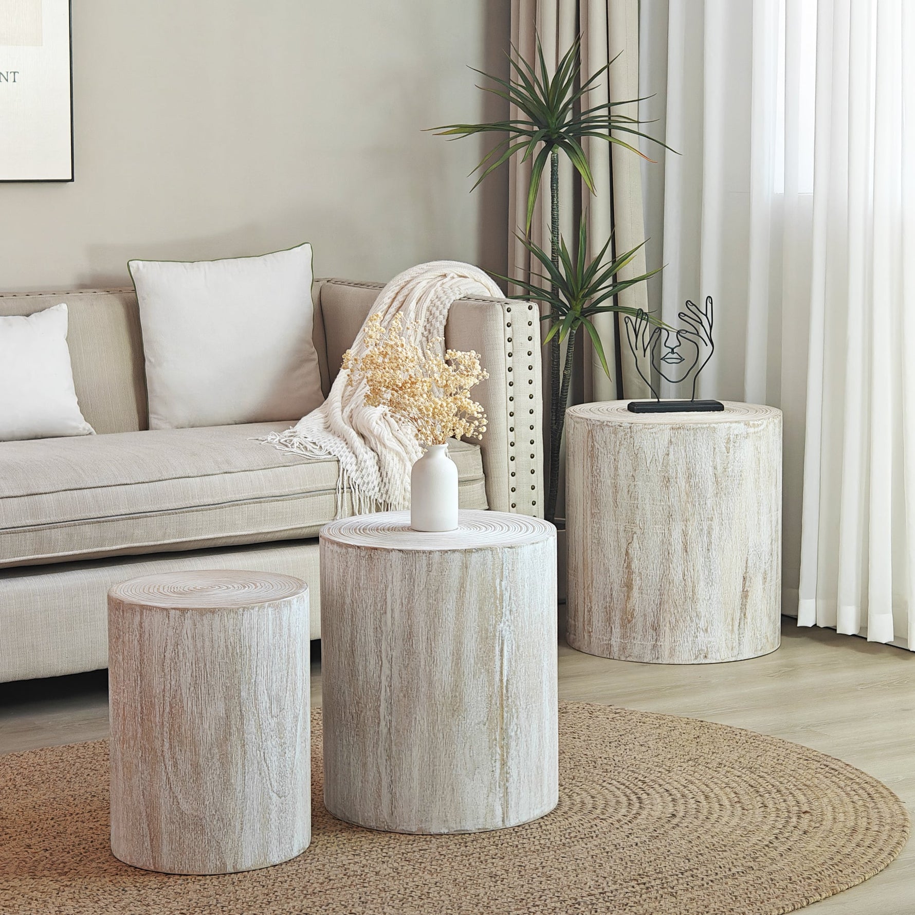 Set of 3 Rounded Wood Coffee Tables with Whitewashed Wood Finish