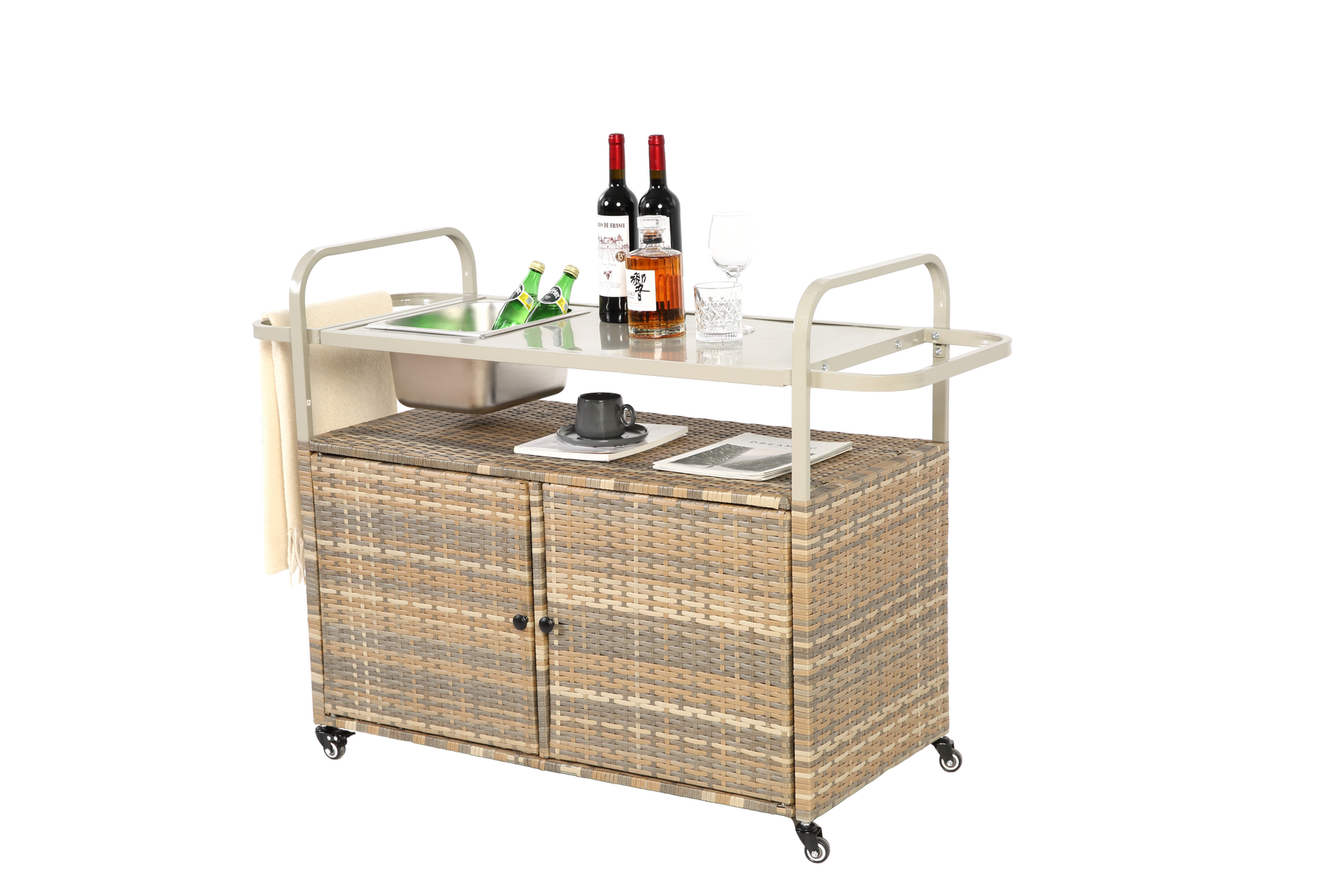 Outdoor Bar Table with Wicker Cabinet and Steel Top