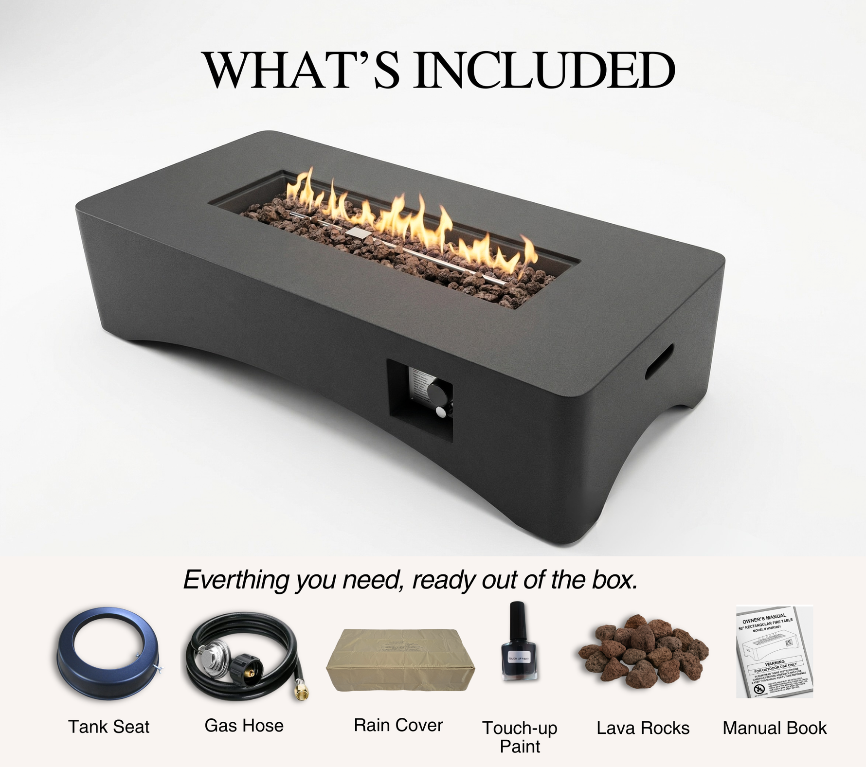 56" Propane Fire Pit Table, Rectangular Outdoor Gas Fire Pit