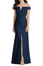 Dessy Collection Notched Off the Shoulder Crepe Gown in Midnight, Size 14
