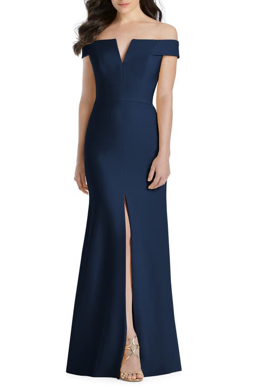 Dessy Collection Notched Off the Shoulder Crepe Gown in Midnight, Size 10