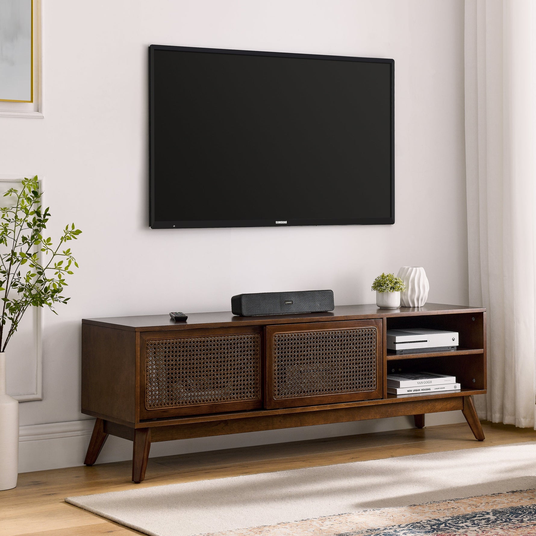 59 Inch Mid Century Modern Rattan TV Stand for 65 Inch TV