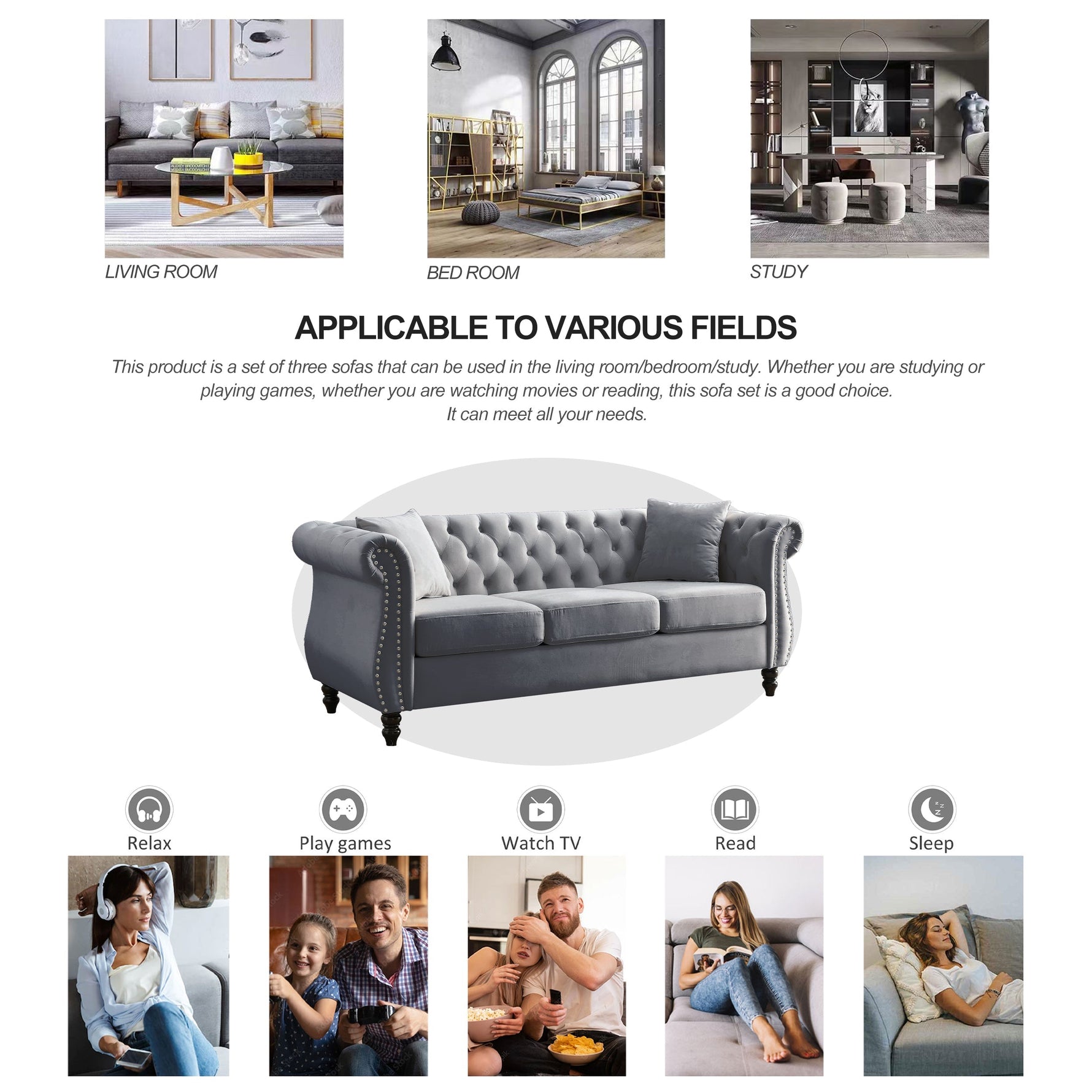 80" Grey Velvet Chesterfield Sofa