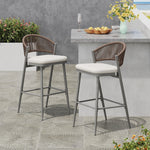 Outdoor Bar Height Metal Frame Counter Stools with Scallop-Shaped Backrest & Water-Resistant Cushions