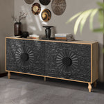 Black Carved Symmetrical Design Door And Wood Coloured Frame TV Stand