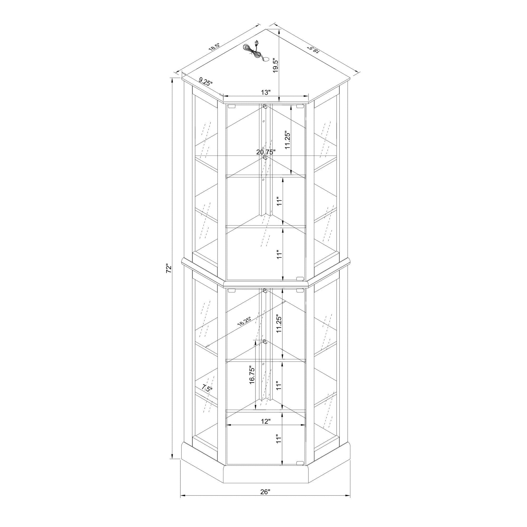 6 Shelf Corner Curio Display Cabinet With Lights, Mirrors And Adjustable Shelves